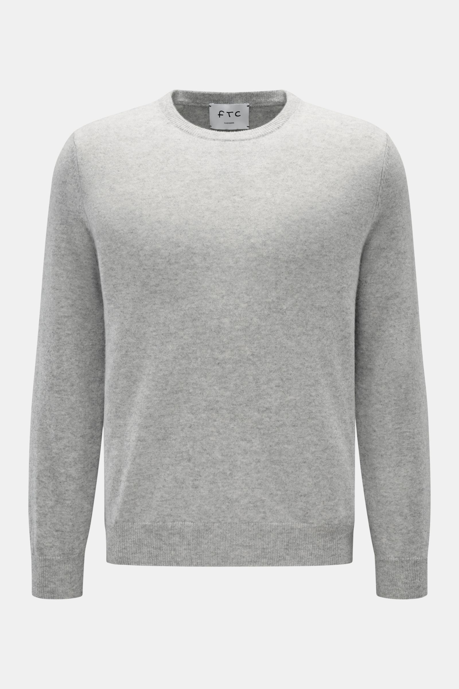 FTC Cashmere Rundhalspullover grau meliert, frontal fotografiert, Slim Fit, reiner Cashmere, sehr weich, feines Strickbild, Rundhalsausschnitt, Rippbündchen.