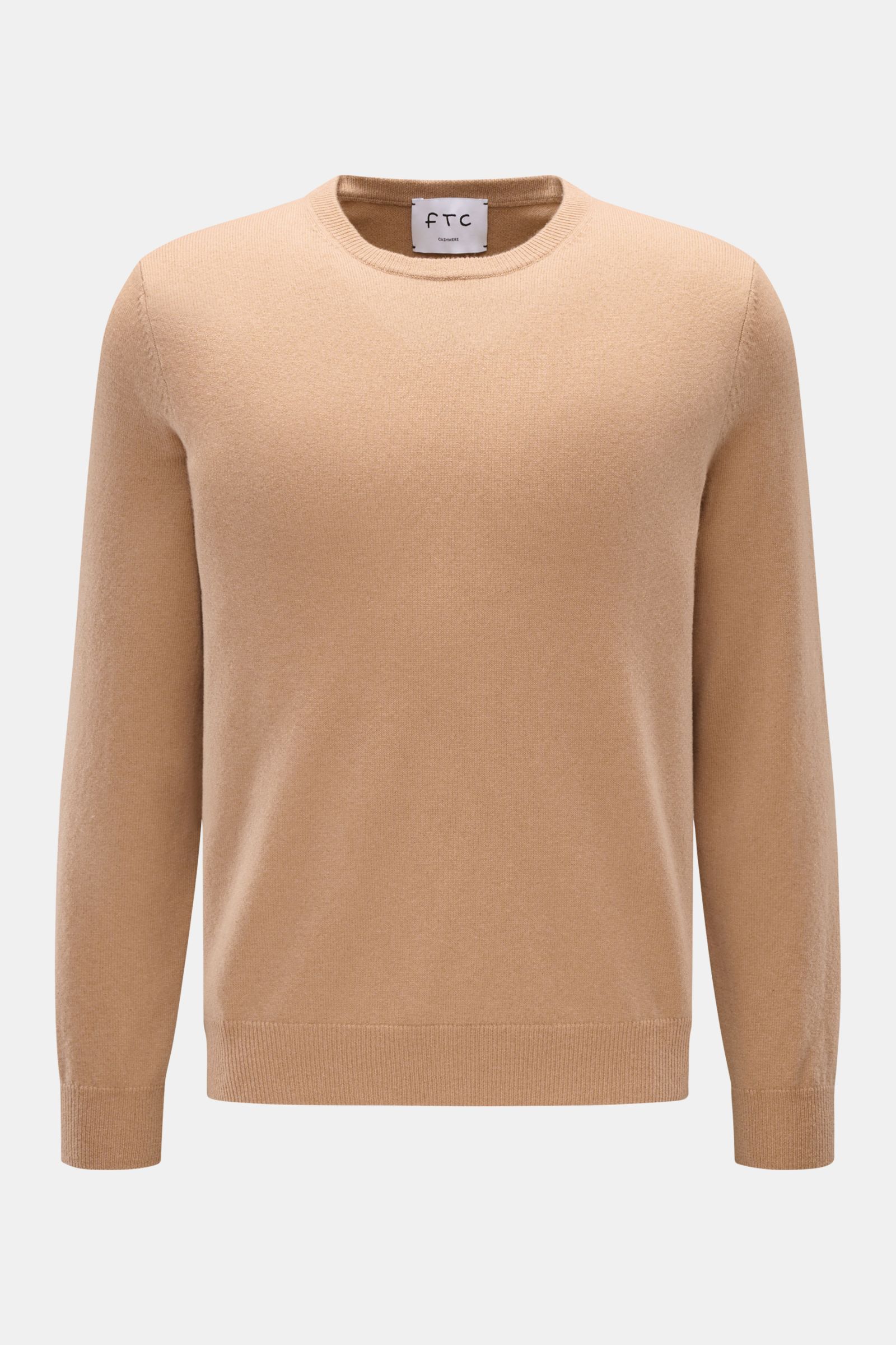 FTC Cashmere Rundhalspullover beige, Slim Fit, aus reinem Cashmere mit feinem Strickbild, Rundausschnitt, Rippbündchen, frontal fotografiert.