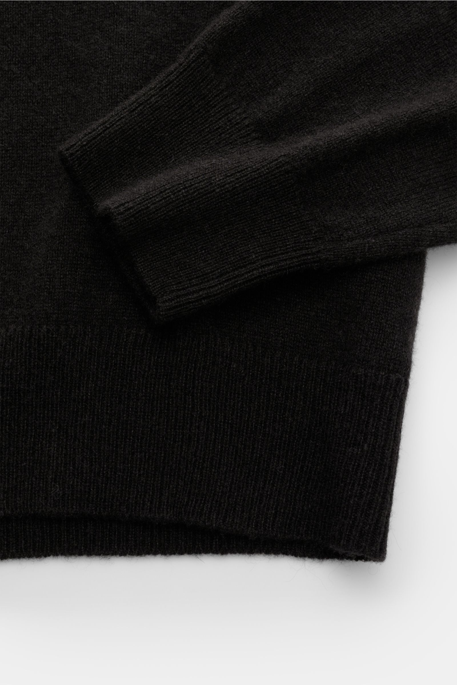 Close-up front view of FTC Cashmere crew neck jumper dark brown showing fine knit, slim fit, ribbed bands, and ultra soft cashmere fabric.