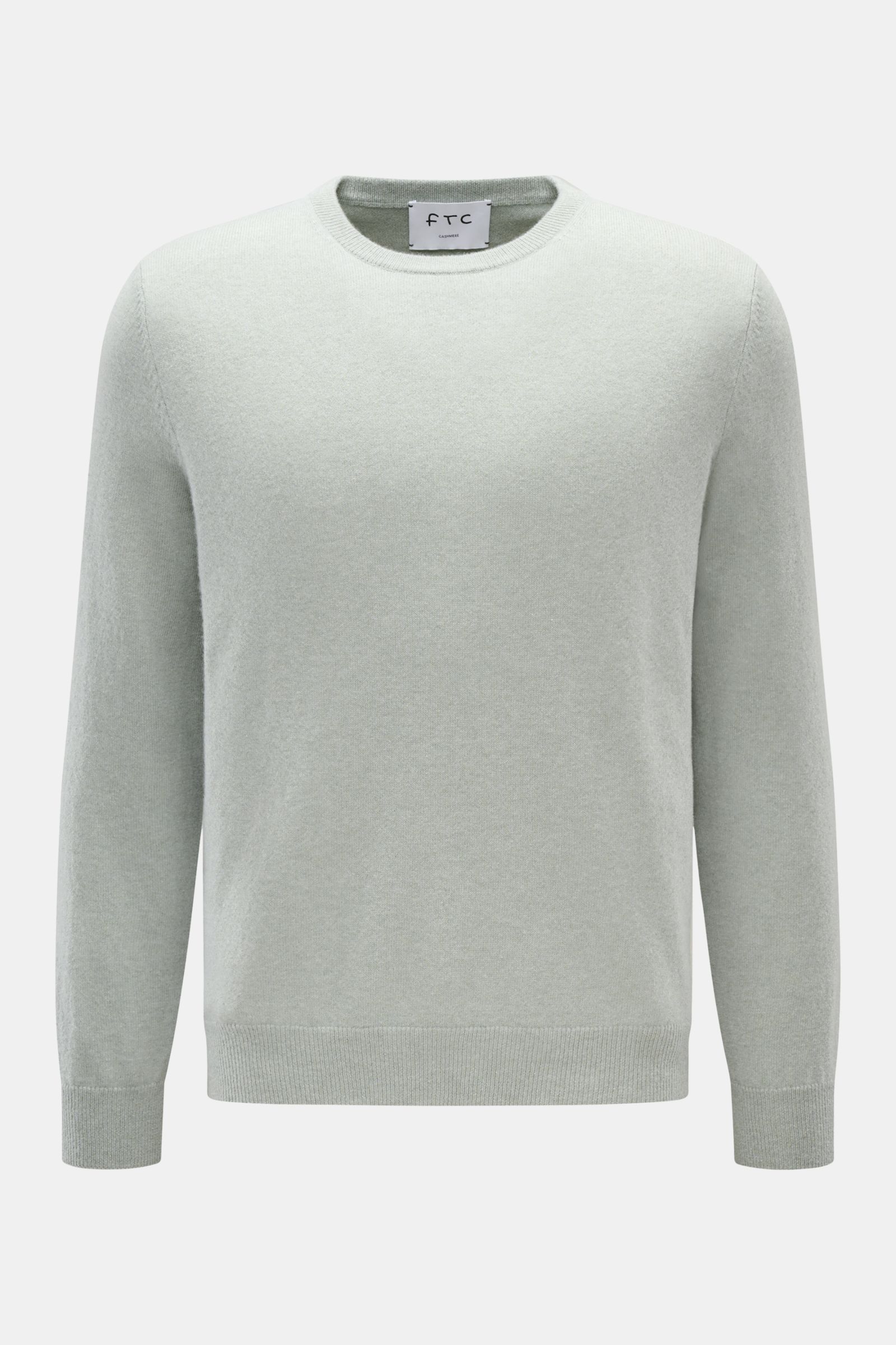 FTC Cashmere crew neck jumper grey-green shown front-facing, slim fit, fine knit, pure cashmere with ribbed bands, very soft feel.