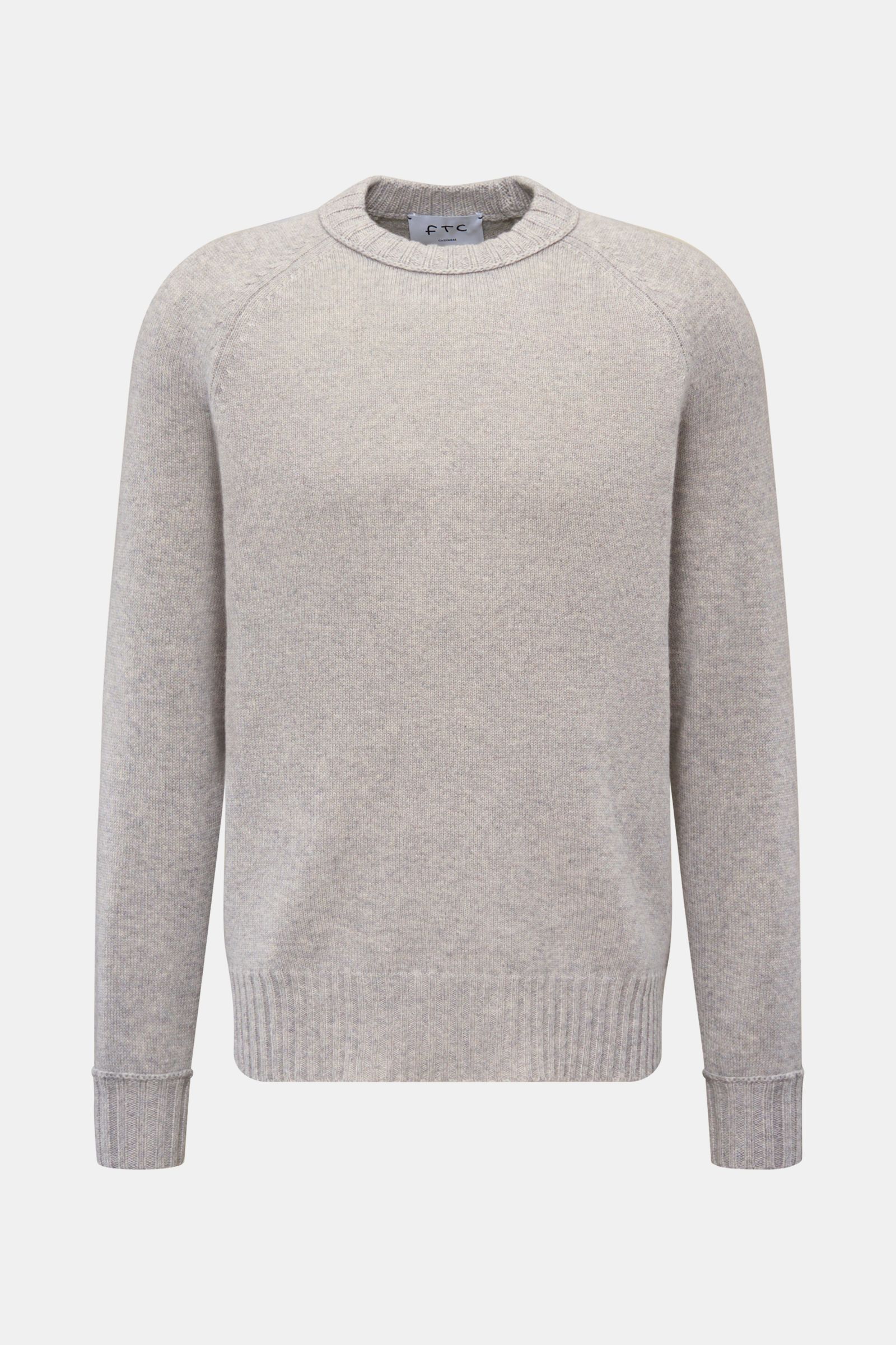 Front view of FTC Cashmere crew neck jumper grey mottled, featuring pure fair trade cashmere, OEKO-TEX® certified, very soft feel, medium-fine knit, slim fit, crew neck, raglan sleeves, and comfortable ribbed bands.