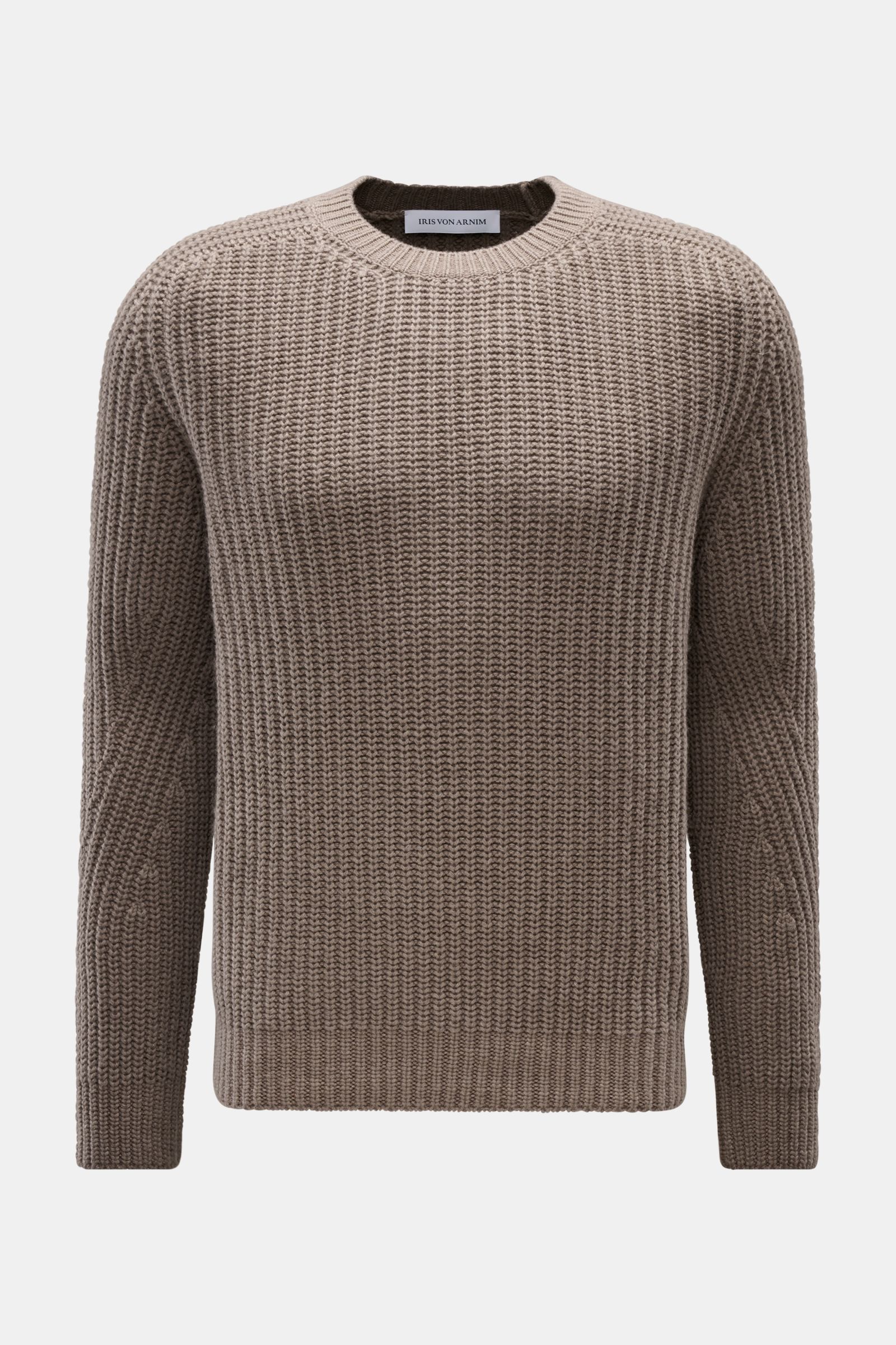 Iris von Arnim Uomo Cashmere Rundhalspullover 'Arlington' taupe, slim Fit, voluminöser Patentstrick, reiner Cashmere, weicher Griff, Rundhalsausschnitt, Rippbündchen, Frontansicht.