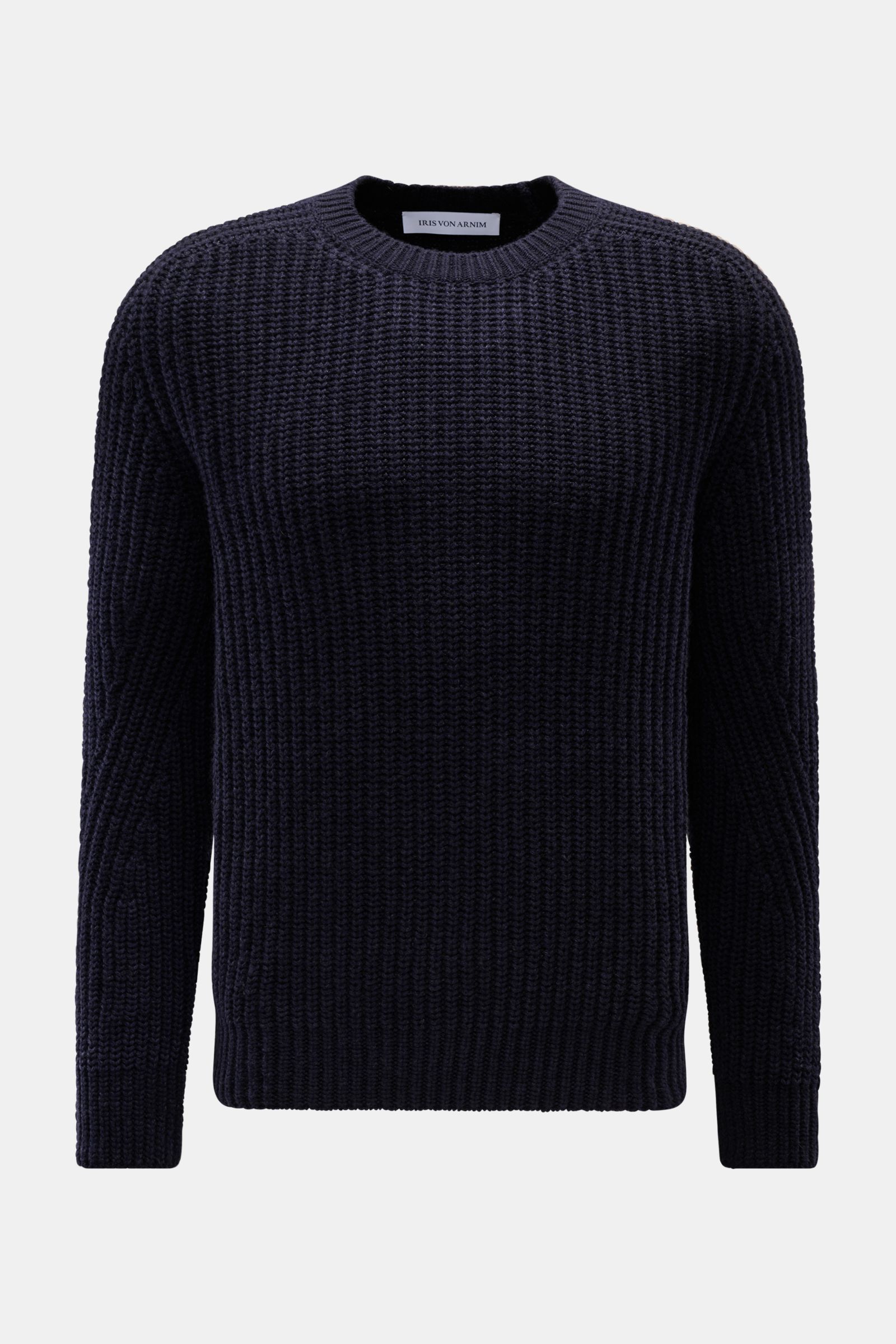Iris von Arnim Uomo Cashmere Rundhalspullover 'Arlington' navy, Slim Fit, voluminöser Patentstrick, Rundhalsausschnitt, weicher Griff, Rippbündchen, frontal fotografiert.