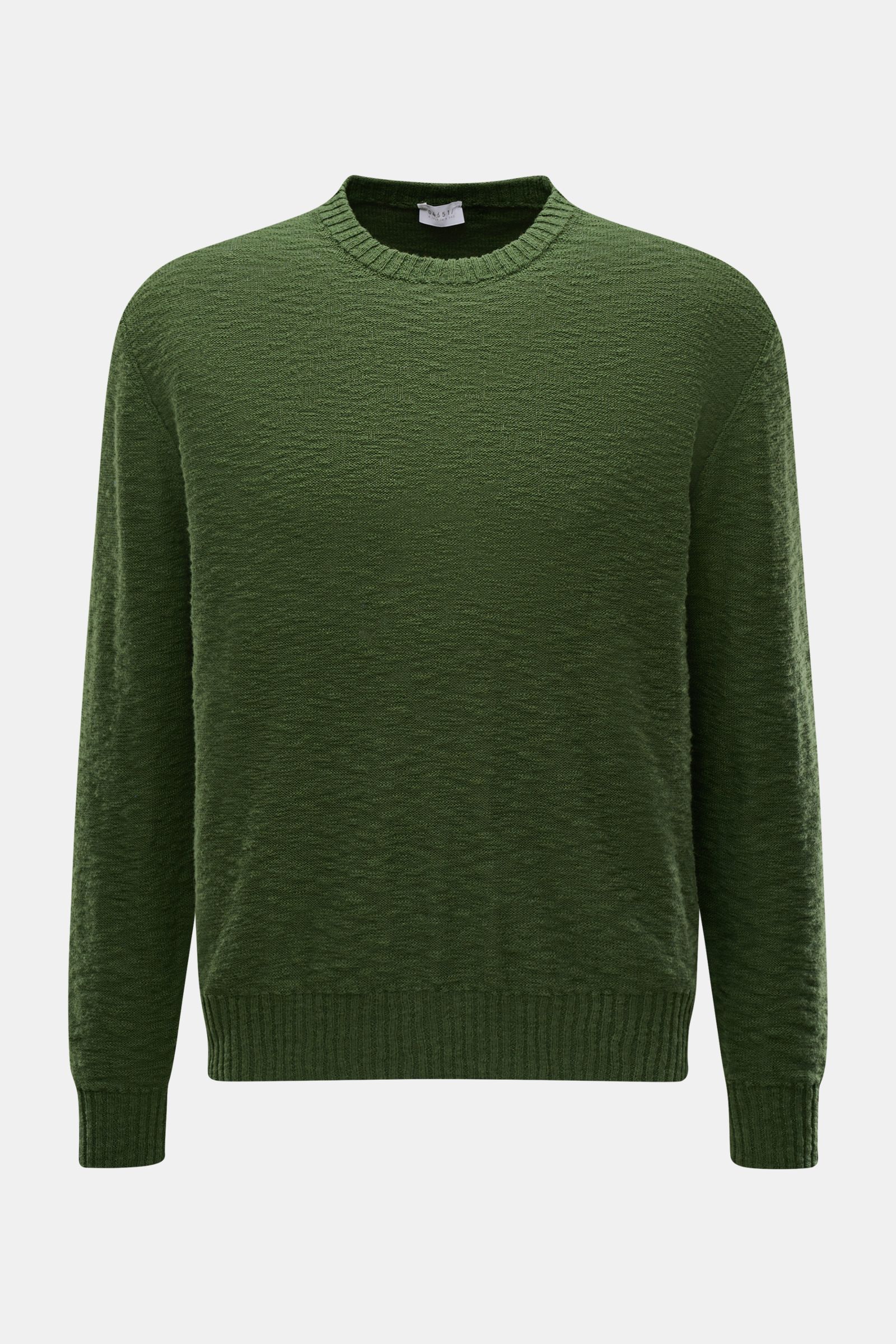 Frontale Nahaufnahme des dunkelgrünen 04651/ A trip in a bag Rundhalspullover aus reiner Baumwolle mit Flammé Effekt, Regular Fit, Rundhalsausschnitt und elastischen Strickbündchen, ideal für wärmere Tage.