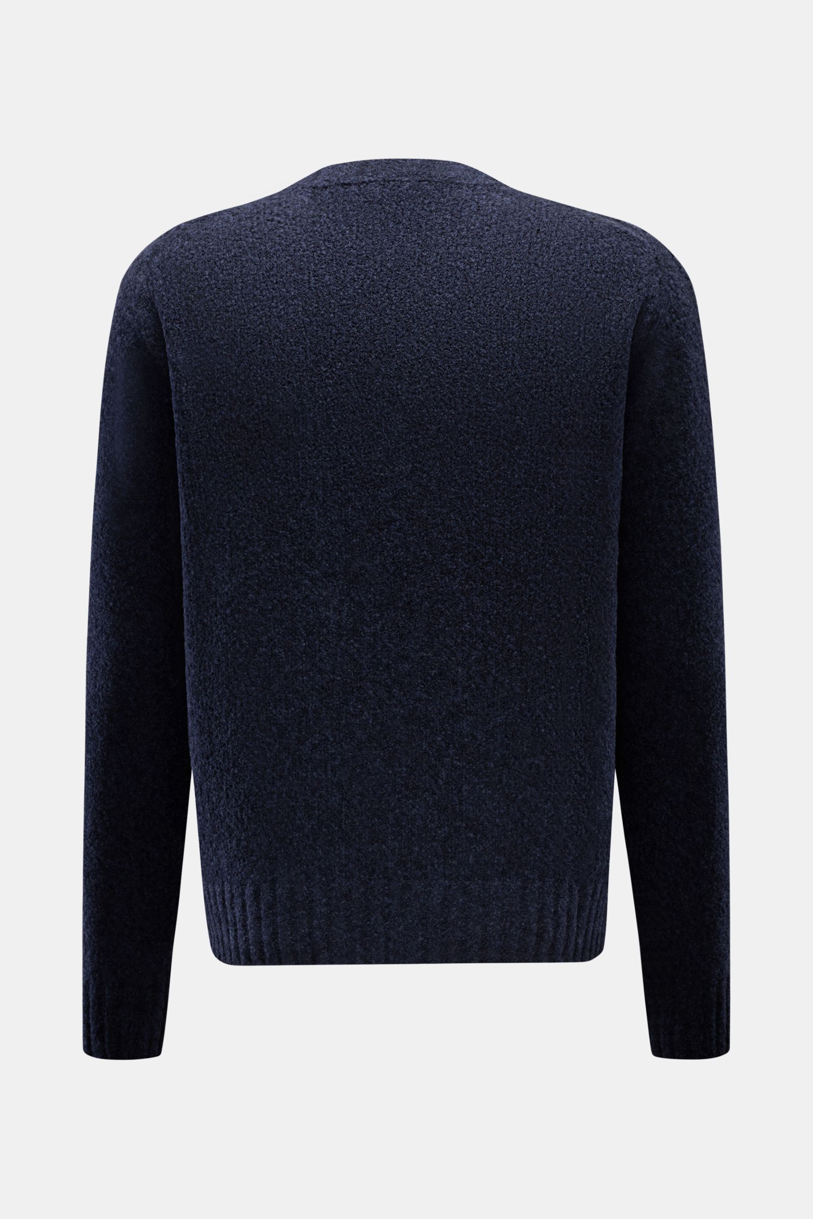 Back view of the 04651/ A trip in a bag Rundhalspullover 'Grainy Crew' navy, a slim fit, navy sweater with a round neckline, soft bouclé wool and microfiber blend, mid-fine knit, and flexible ribbed cuffs. Inspired by Finnish contrasts, it offers elegant 