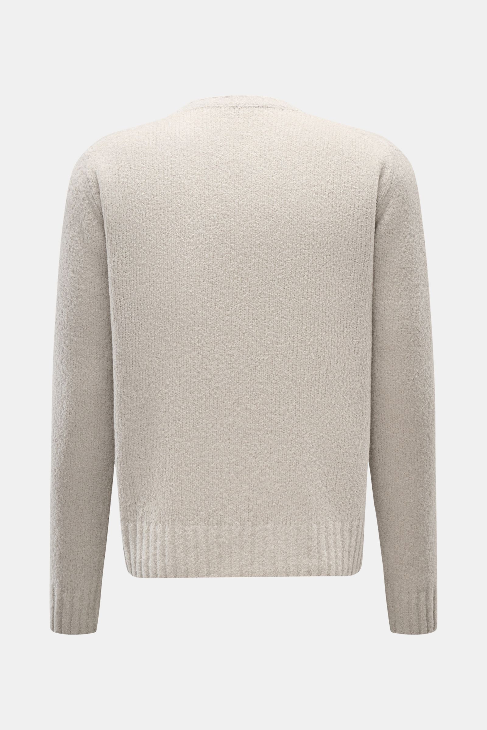 04651/ A trip in a bag Rundhalspullover 'Grainy Crew' sand, Rückansicht, weiche Bouclé-Struktur, Slim Fit, Rundhalsausschnitt, flexible Rippbündchen.
