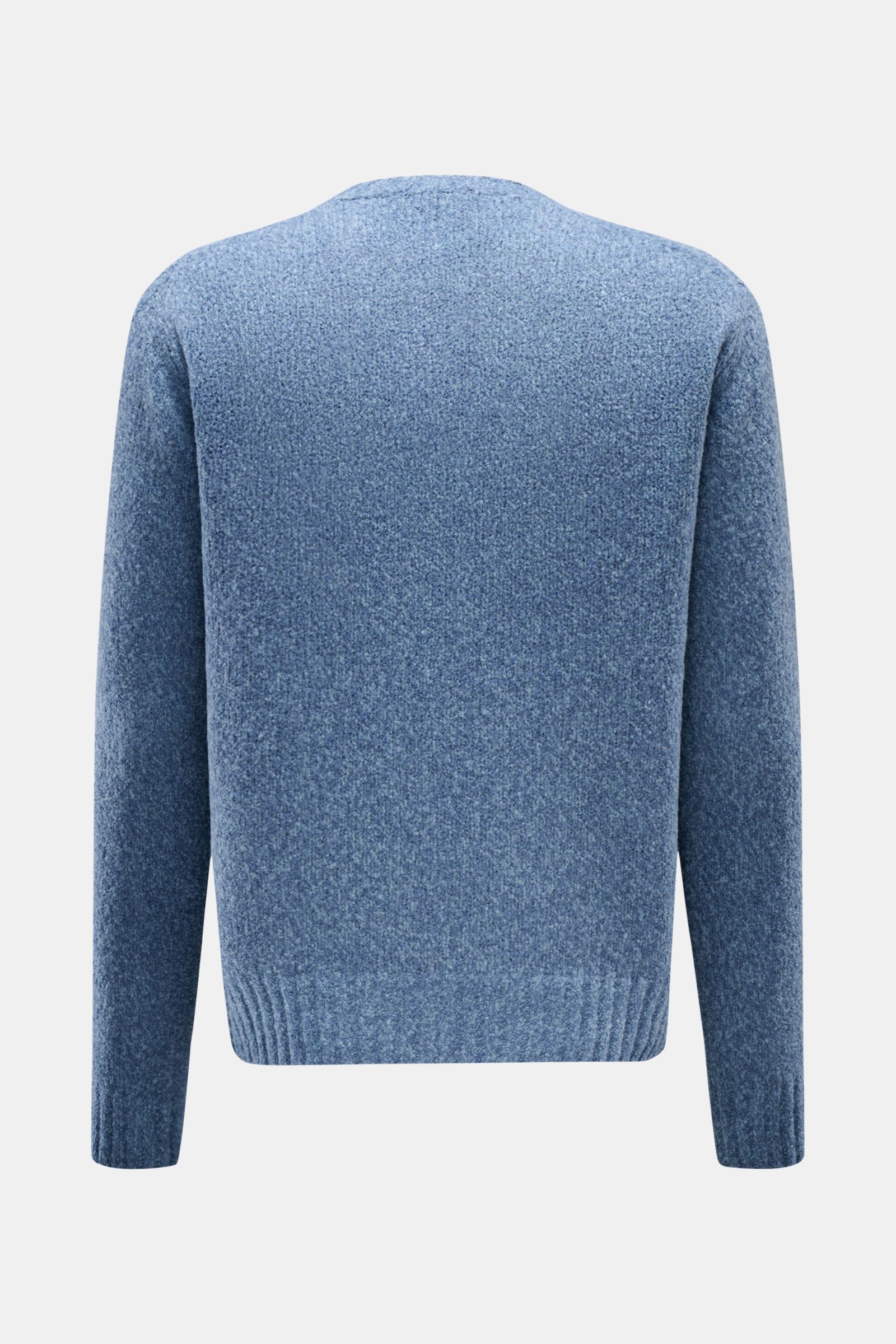 Rückansicht des 04651/ A trip in a bag Rundhalspullover 'Grainy Crew' rauchblau mit Bouclé-Struktur, Slim Fit und weichem Woll-Mix.