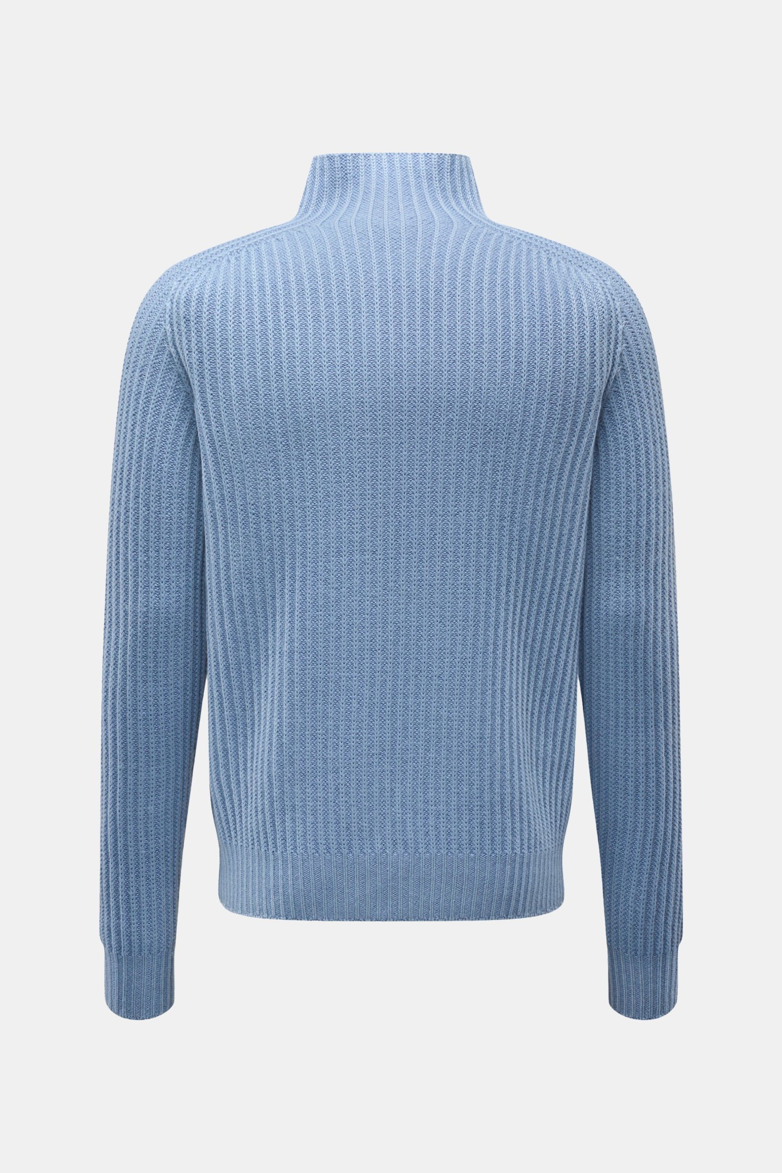 Rückansicht des 04651/ A trip in a bag Mock Neck Pullover 'Foggy Mock' rauchblau mit Stehkragen, Slim Fit, grobem Rippstrick, weicher Wolle.