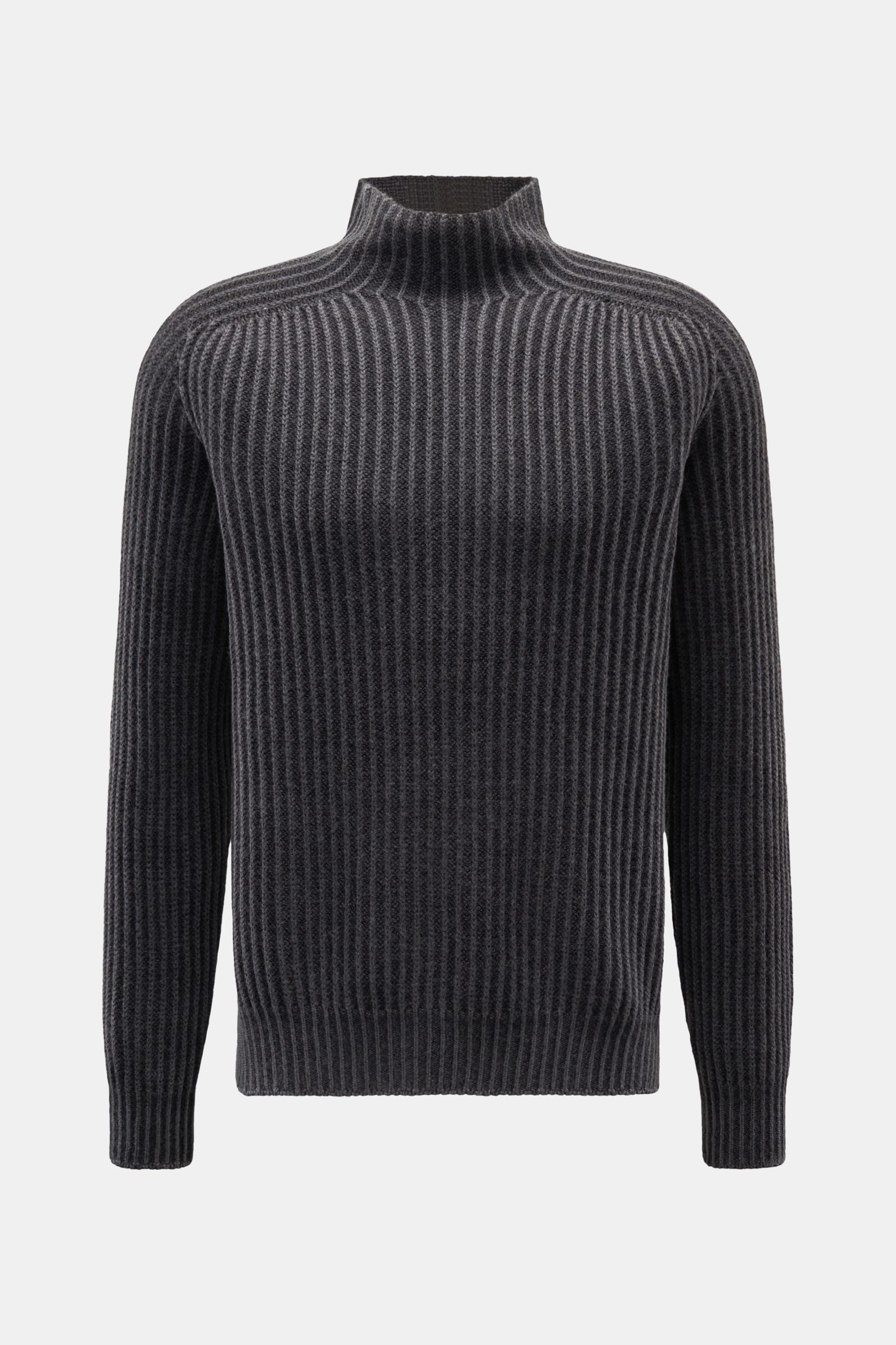 Schwarzer 04651/ A trip in a bag Mock Neck Pullover 'Foggy Mock' in Slim Fit, reine Wolle, grober Rippstrick, Stehkragen, frontal fotografiert.