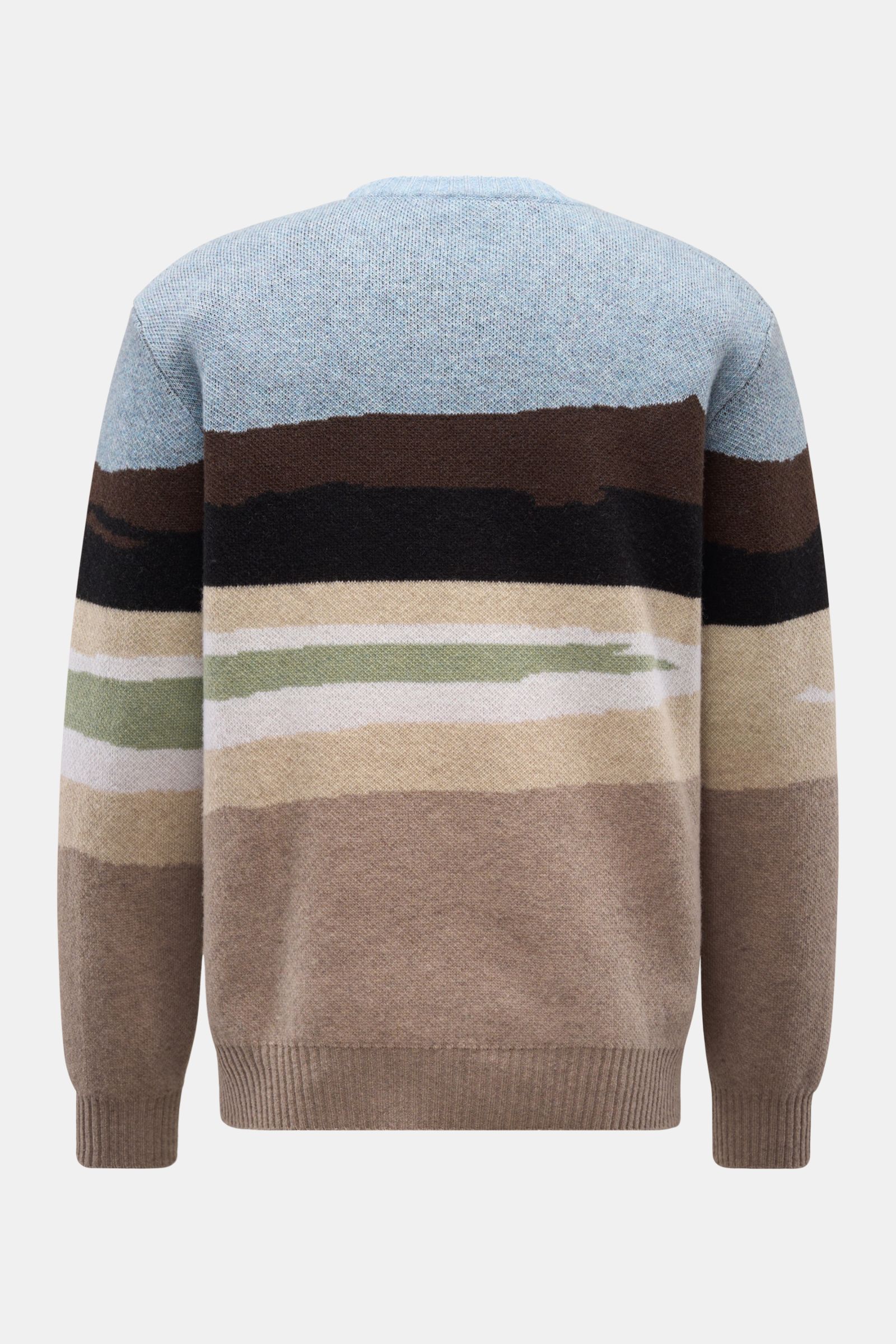 04651/ A trip in a bag Rundhalspullover 'Landscape Crew' taupe/beige/hellblau meliert, Rückansicht, Jacquard Landschafts-Design, Wolle-Cashmere-Mix, Oversized Fit.