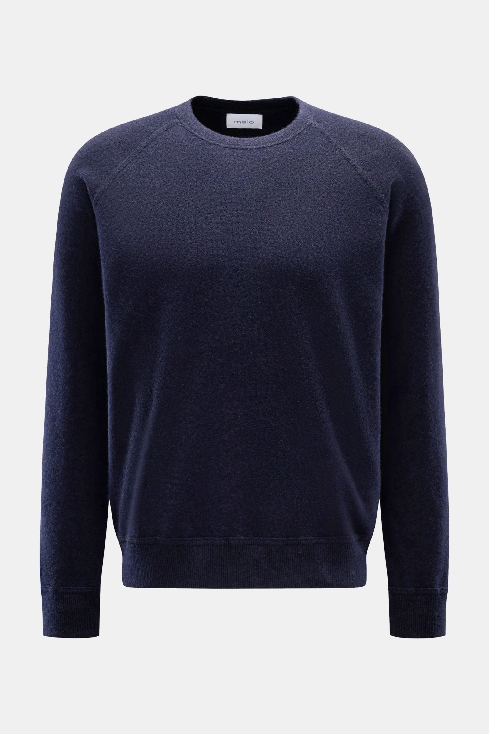 Malo Cashmere Rundhalspullover navy, frontale Ansicht, minimalistisches Design, reiner Cashmere, weicher Griff, Raglanärmel, Rippbündchen, Regular Fit.