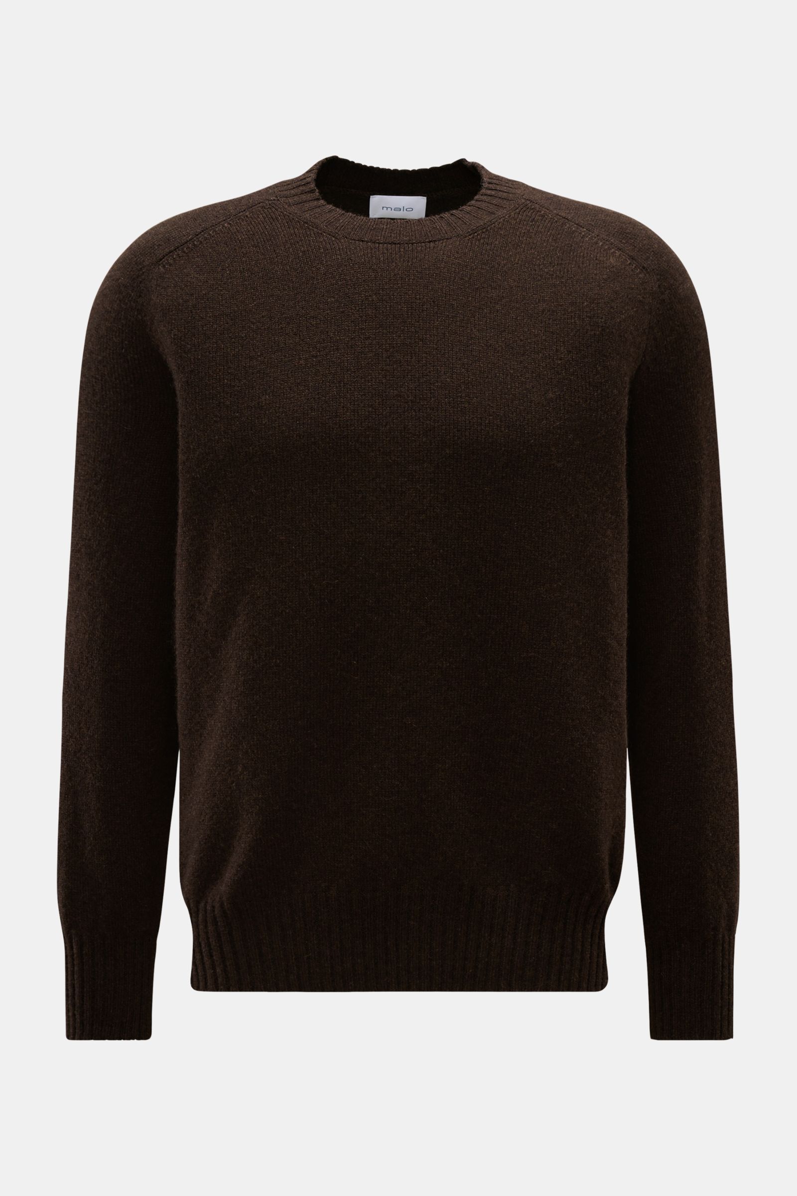 Malo Cashmere Rundhalspullover braun, frontal fotografiert, reiner Cashmere, sehr weicher Griff, mittelfeines Strickbild, Slim Fit, Rundhalsausschnitt, komfortable Rippbündchen.