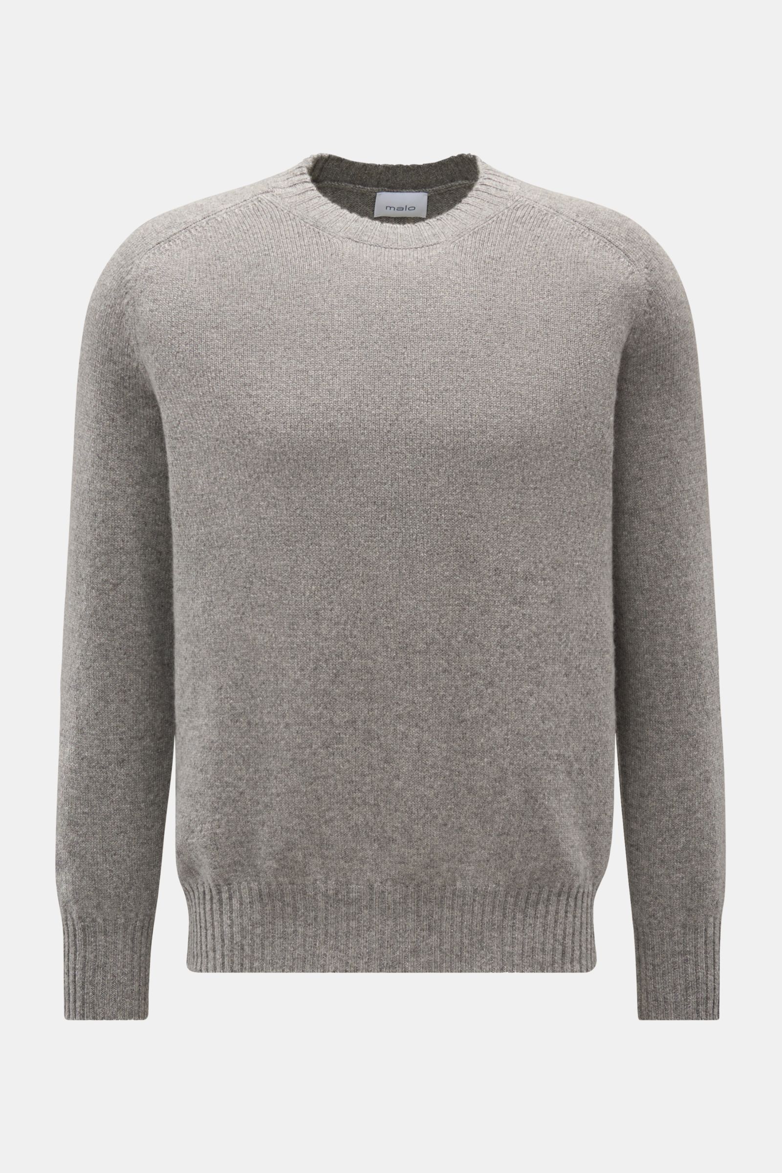 Malo Cashmere Rundhalspullover grau, Slim Fit, reiner Cashmere, sehr weicher Griff, mittelfeines Strickbild, Rundhalsausschnitt, Rippbündchen, Frontansicht.