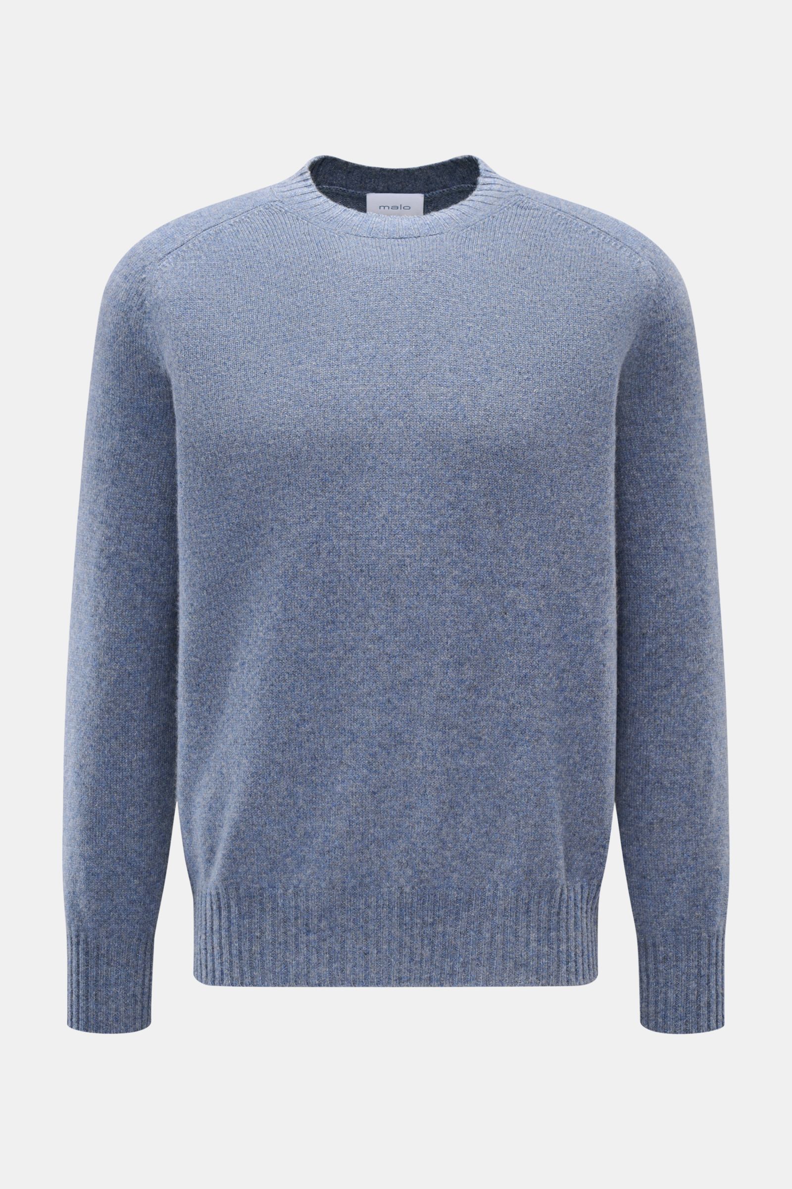 Malo Cashmere Rundhalspullover rauchblau meliert, frontal fotografiert, Slim Fit, reiner Cashmere, sehr weicher Griff, mittelfeines Strickbild, Rundhalsausschnitt, komfortable Rippbündchen.