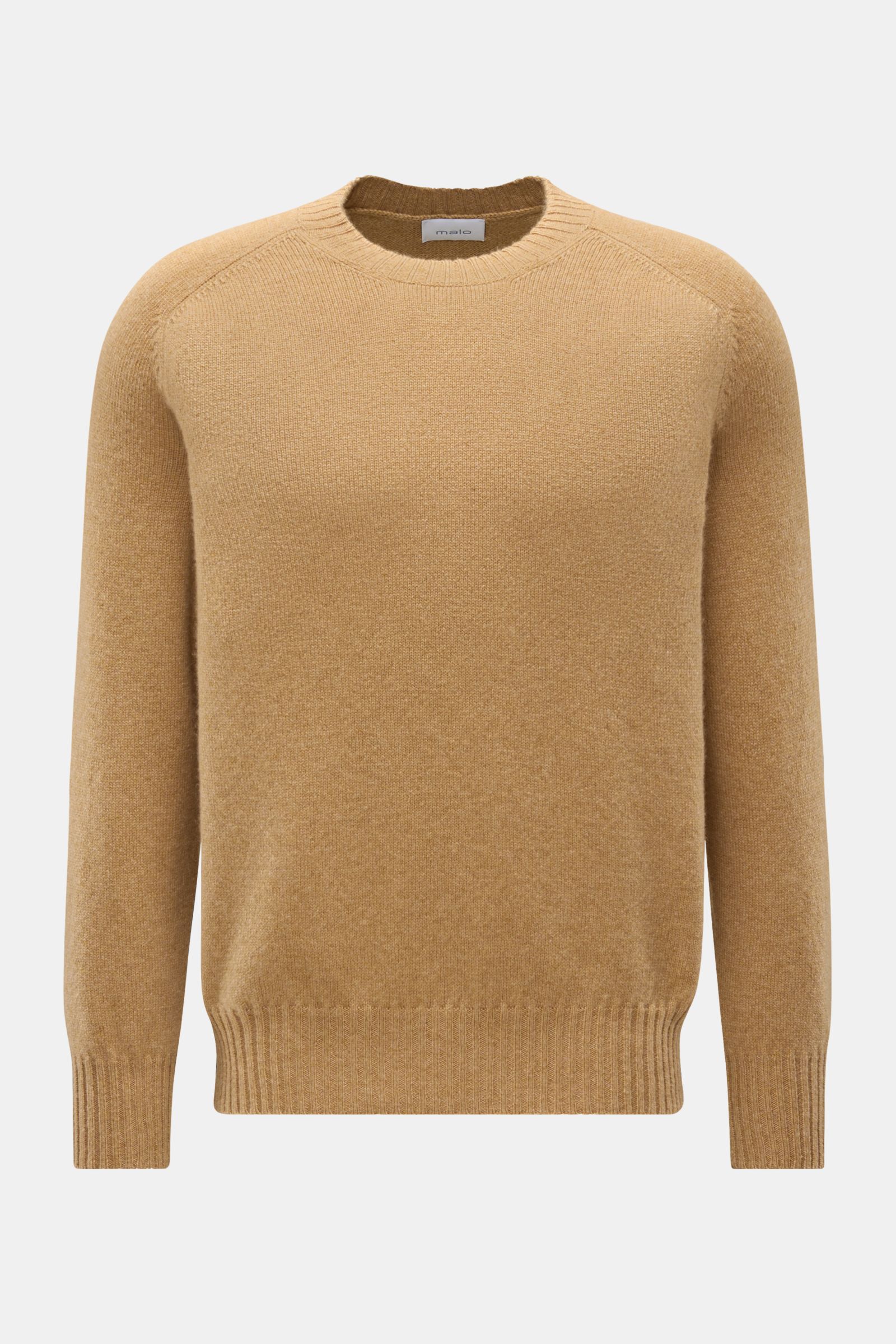 Malo Cashmere Rundhalspullover hellbraun shown from the front, made of reiner Cashmere, sehr weicher Griff, mittelfeines Strickbild, Slim Fit, Rundhalsausschnitt, komfortable Rippbündchen.