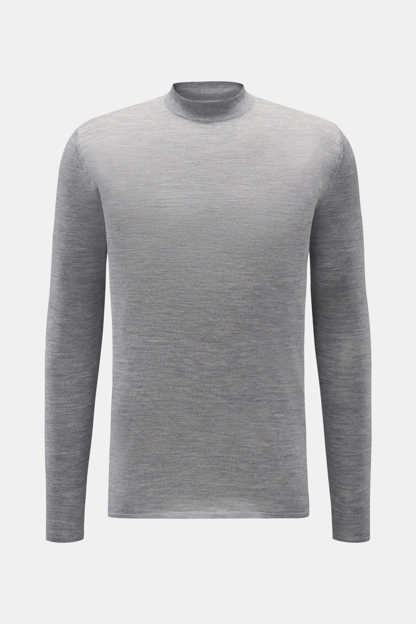Kiefermann Merino Feinstrick-Pullover grau meliert, Slim Fit, reine Merinowolle, superweicher Griff, feines Strickbild, hoher Rundhalsausschnitt, elastische Ärmelabschlüsse, Frontansicht.