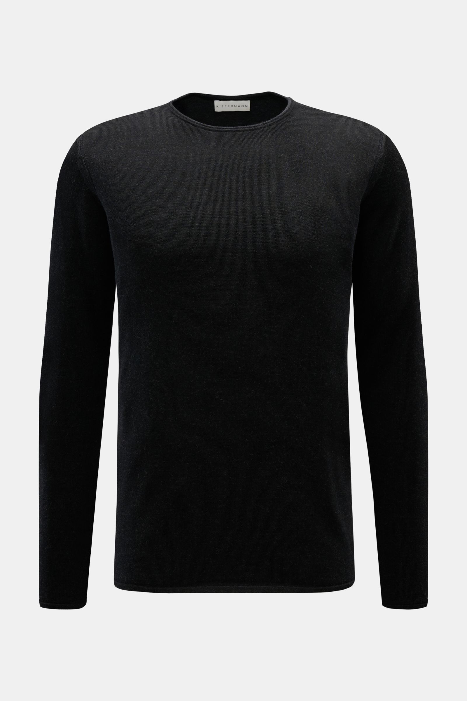 Kiefermann Merino Rundhalspullover 'Lutzs' schwarz meliert, Slim Fit, weich, feines Strickbild, kontrastfarbige Details, Rundhalsausschnitt, frontal fotografiert.