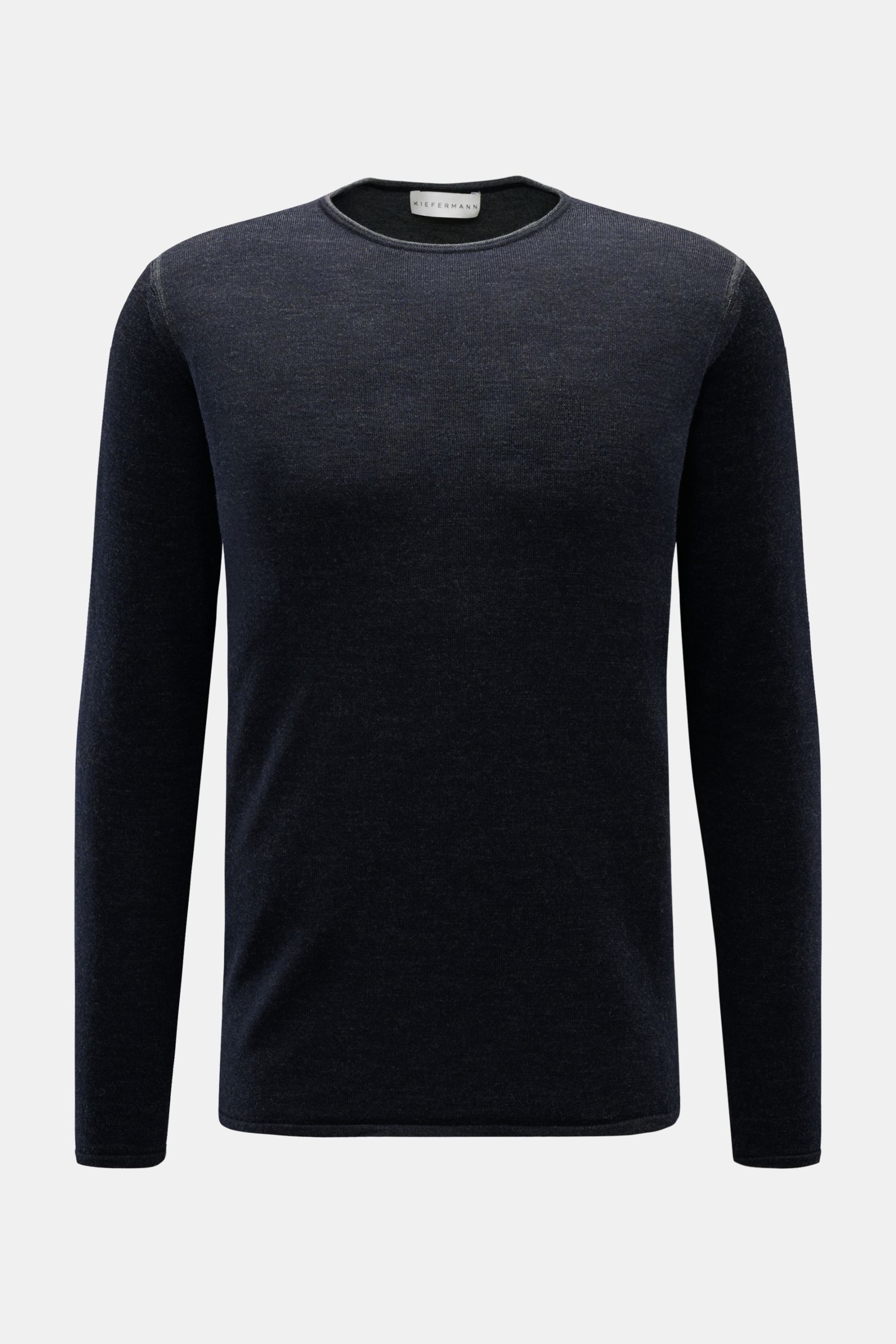 Kiefermann Merino Rundhalspullover 'Lutzs' dark navy meliert, Slim Fit, aus weicher Merinowolle, feines Strickbild, kontrastfarbige Details, frontal fotografiert.