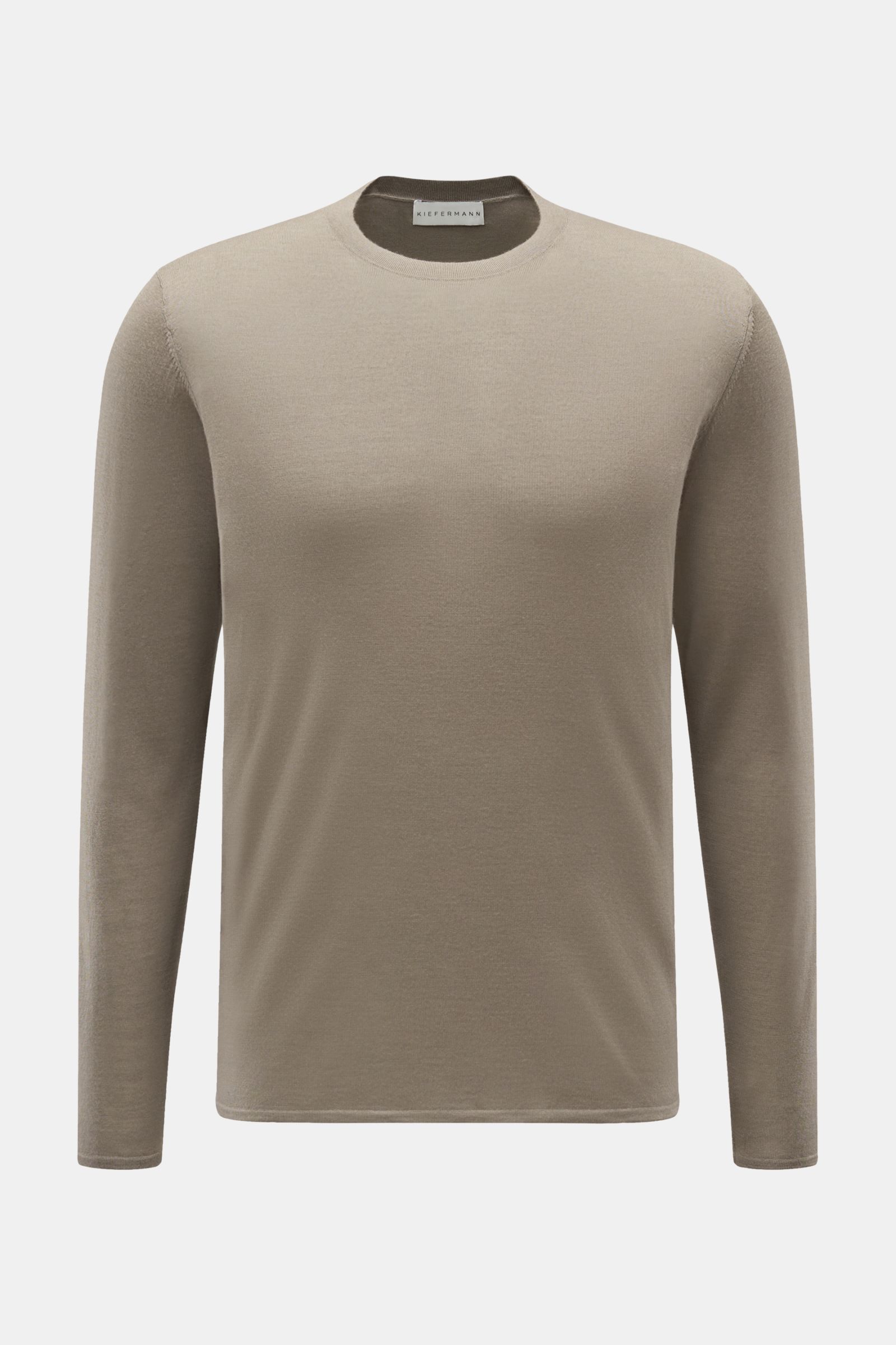 Front view of Kiefermann Merino Feinstrick-Pullover 'Marleys' taupe in Slim Fit, featuring reine Merinowolle, supersofter Griff, sehr feines Strickbild, klassischer Rundhalsausschnitt, and elastische Saumabschlüsse.