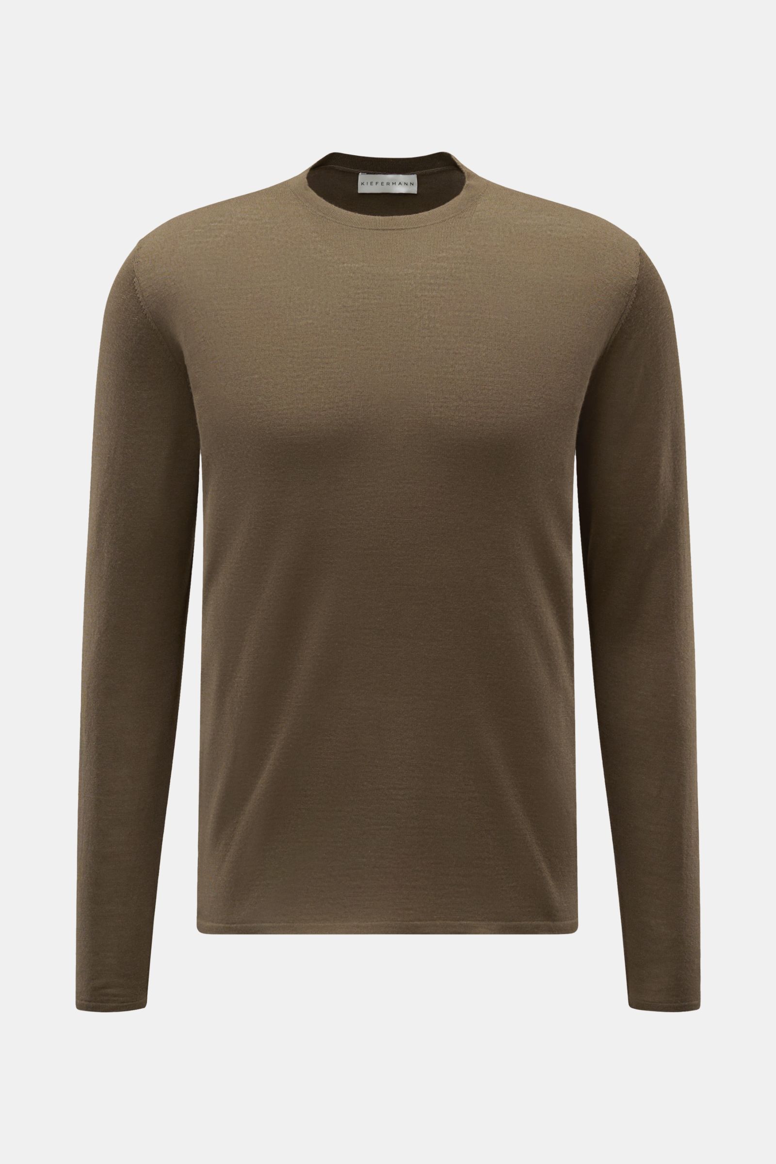 Front view of Kiefermann Merino Feinstrick-Pullover 'Marleys' dark olive, slim fit with classic round neckline, made of pure merino wool, supersoft feel, very fine knit pattern, elastic hem cuffs.