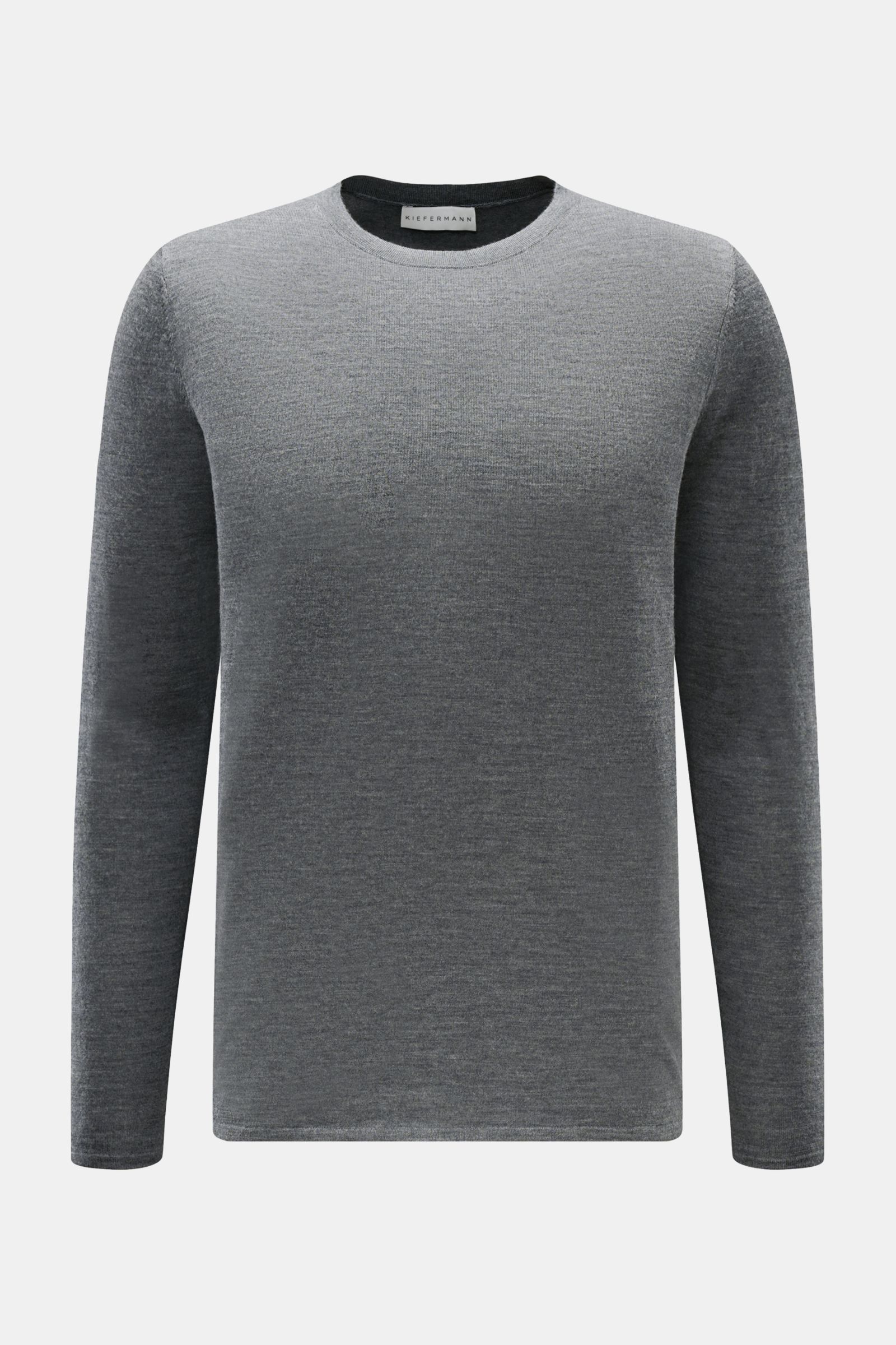 Kiefermann Merino Feinstrick-Pullover 'Marleys' dunkelgrau meliert, frontal fotografiert, Slim Fit, reine Merinowolle, supersofter Griff, feines Strickbild, Rundhalsausschnitt, elastische Saumabschlüsse.