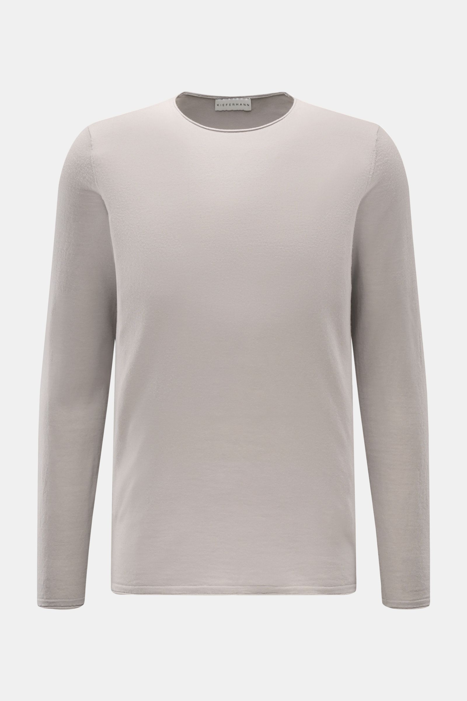 Front view of Kiefermann Merino fine knit jumper 'Benjamin' light grey, featuring pure merino wool, super soft touch, very fine knit, slim fit, crew neck, open rolled hems.