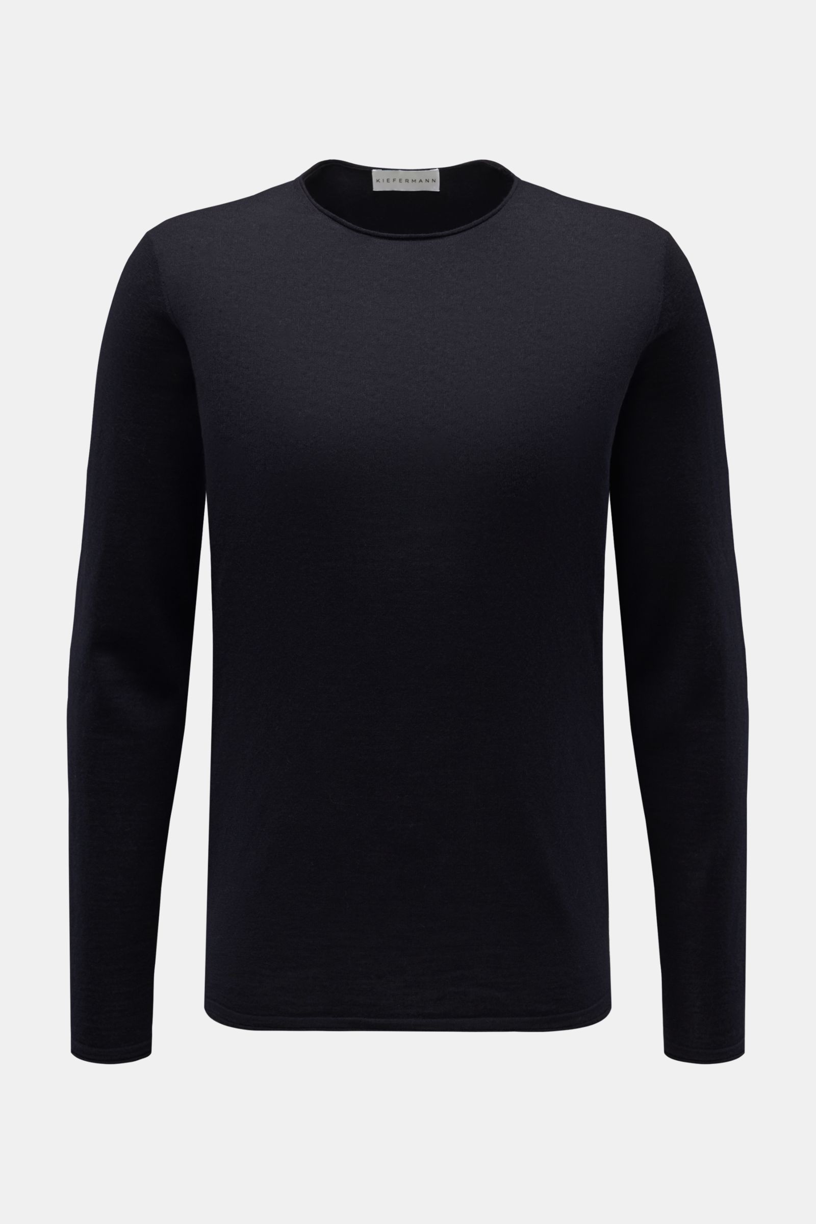 Kiefermann Merino Feinstrick-Pullover 'Benjaminn' navy, frontale Ansicht, Slim Fit, reine Merinowolle, superweicher Griff, sehr feines Strickbild, Rundhalsausschnitt, offene rollierte Kanten.