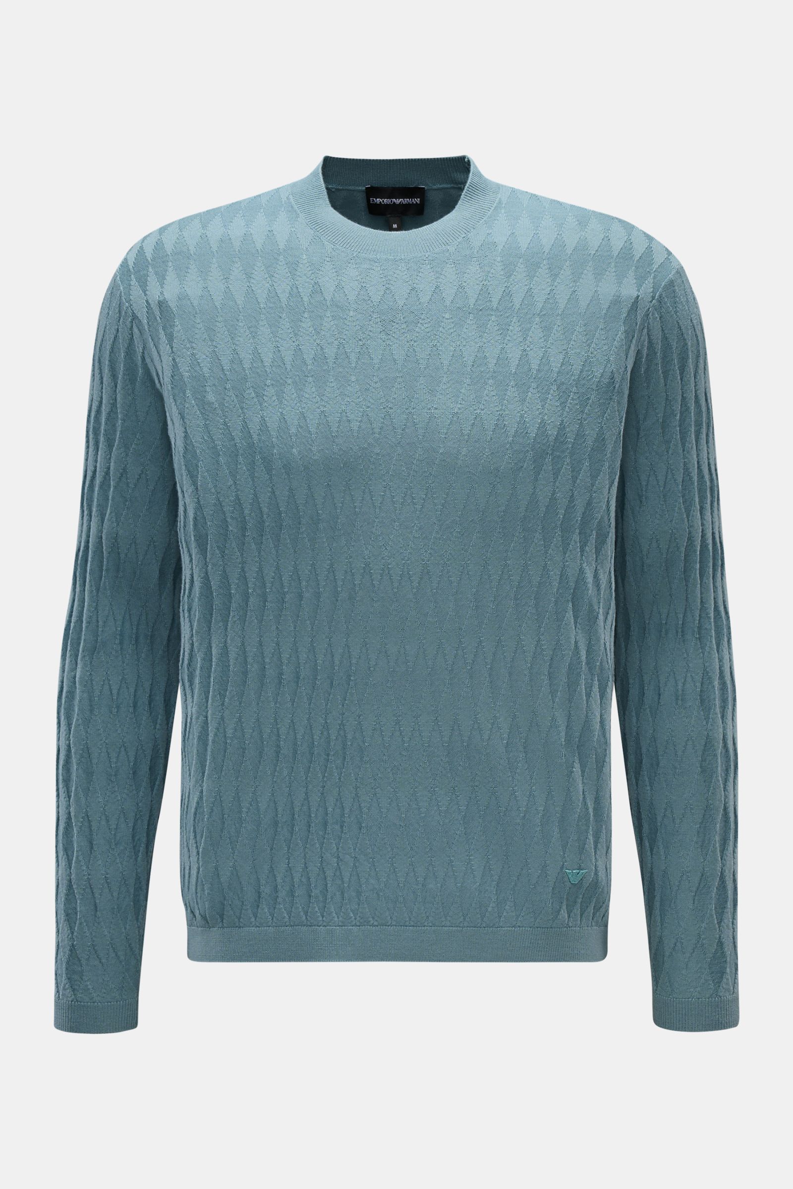 Emporio Armani Rundhalspullover rauchblau, frontale Ansicht, leichter Strukturstrick mit Rautenmuster aus reiner Schurwolle, Regular Fit, Rundhalsausschnitt, weicher Griff, Rippbündchen, Weblabel am Saum.