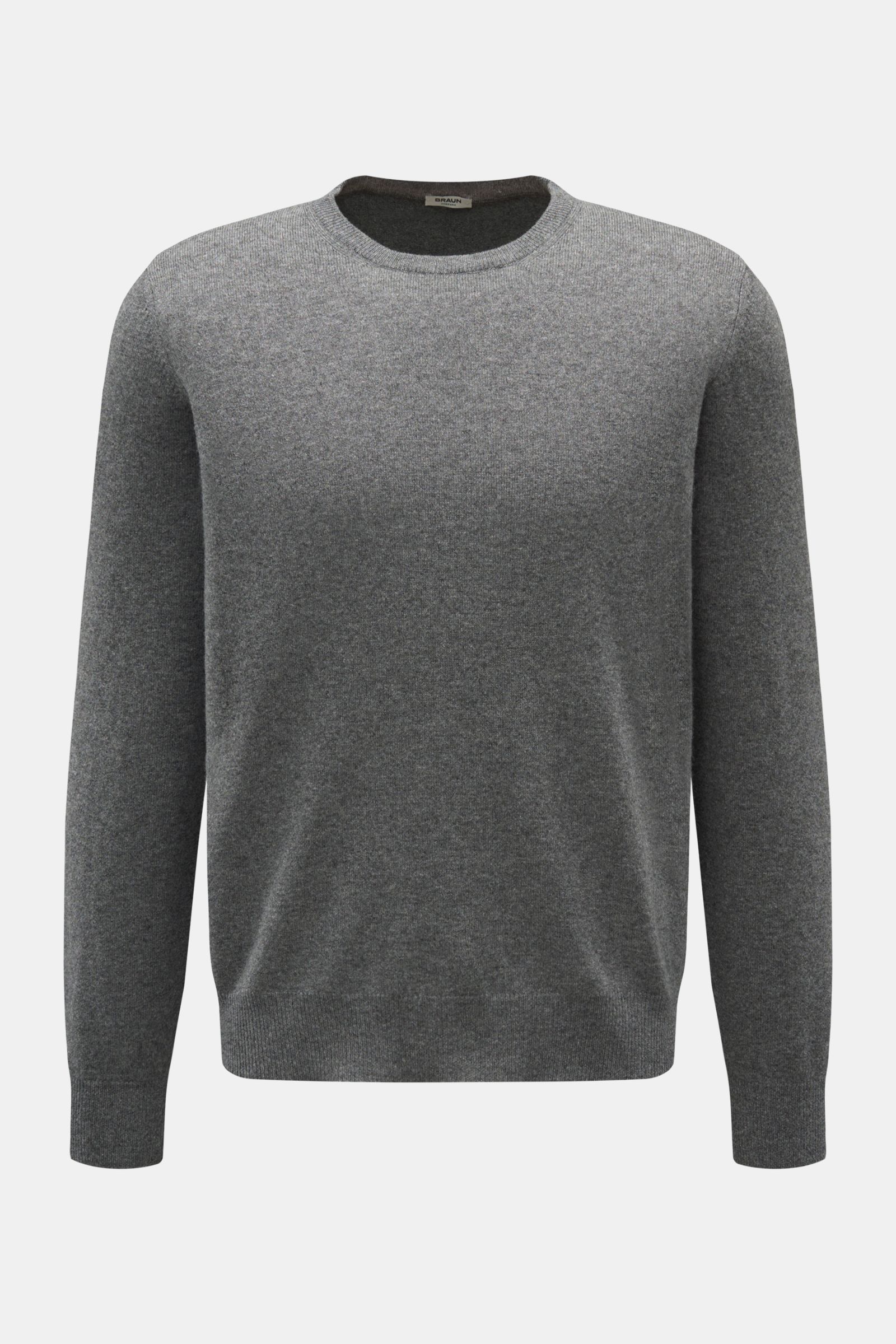 von Braun Rundhals-Pullover anthrazit shown from the front, made of soft wool, viscose and cashmere blend with fine knit, regular fit, round neckline, and ribbed cuffs. Ein komfortables Basic für vielseitige Looks: Der softe VON BRAUN Pullover aus edle