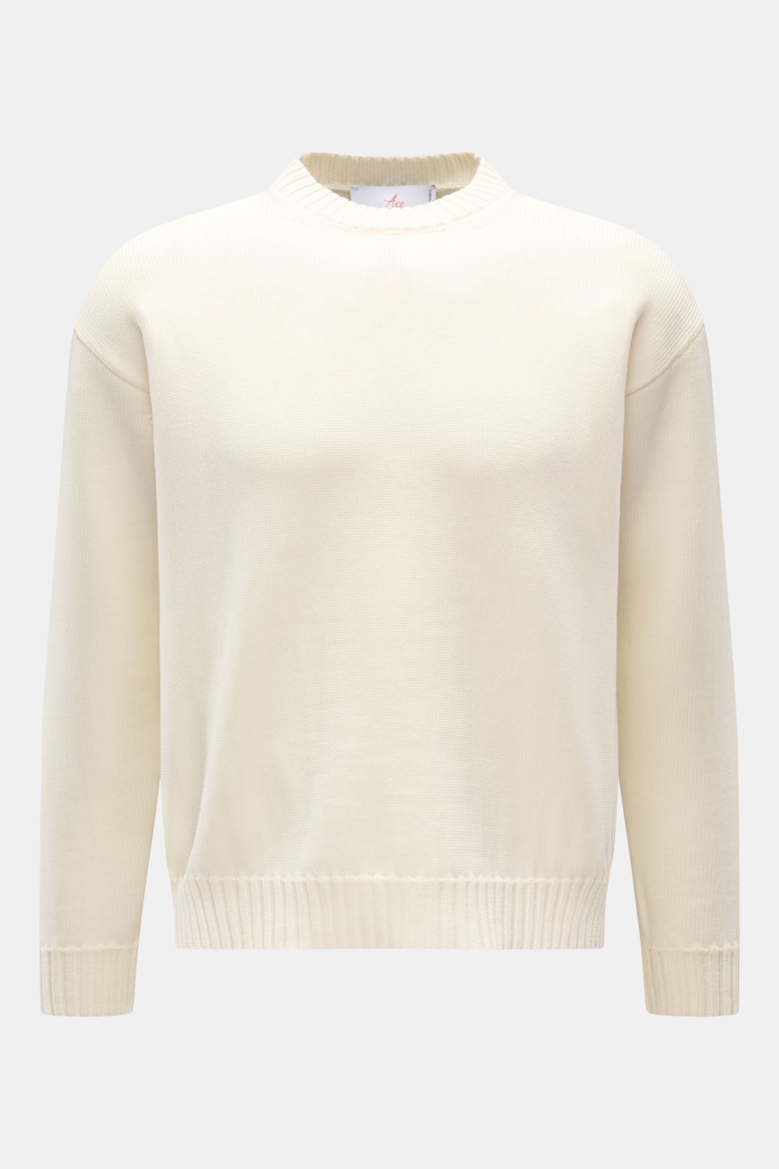 Ace Denim Merino Rundhalspullover creme, Slim Fit, reine Merinowolle, weicher Griff, Rundhalsausschnitt, breite Rippbündchen, frontale Ansicht.