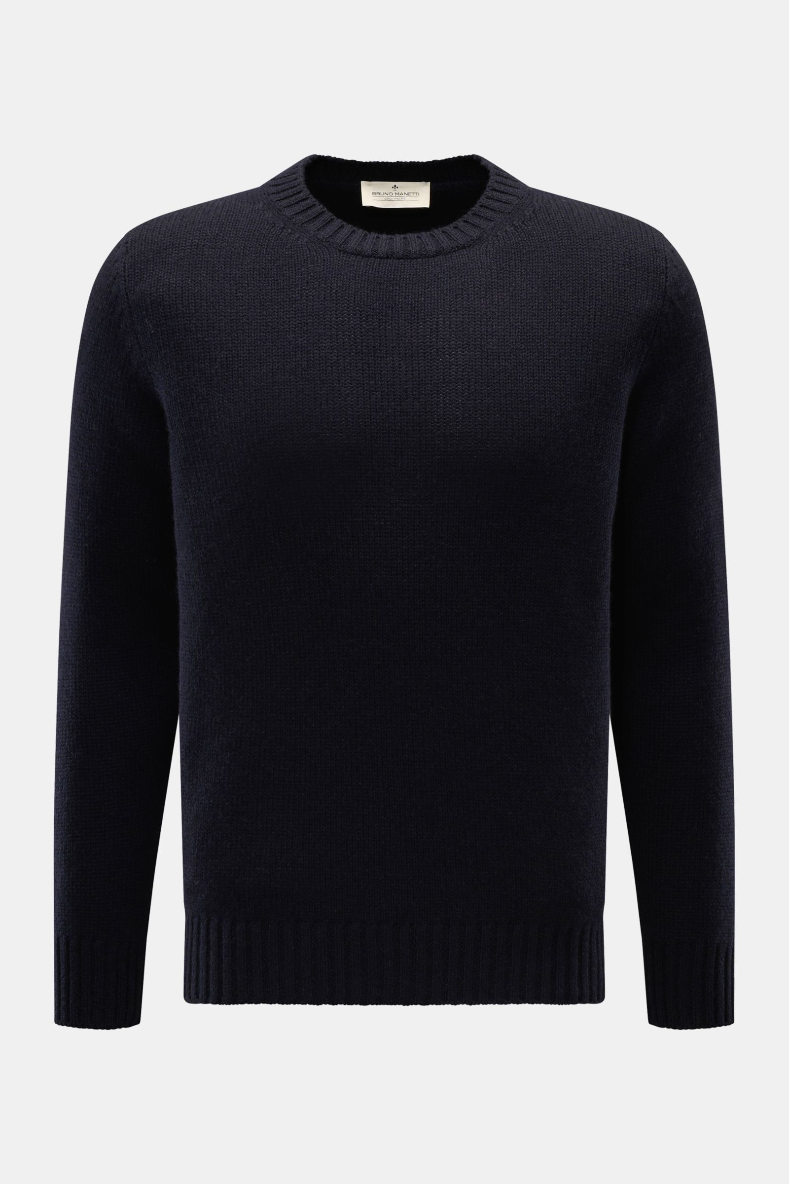 Bruno Manetti Cashmere Rundhalspullover navy, Slim Fit, mittelfeines Strickbild, Rippbündchen, weicher Griff, frontal fotografiert.