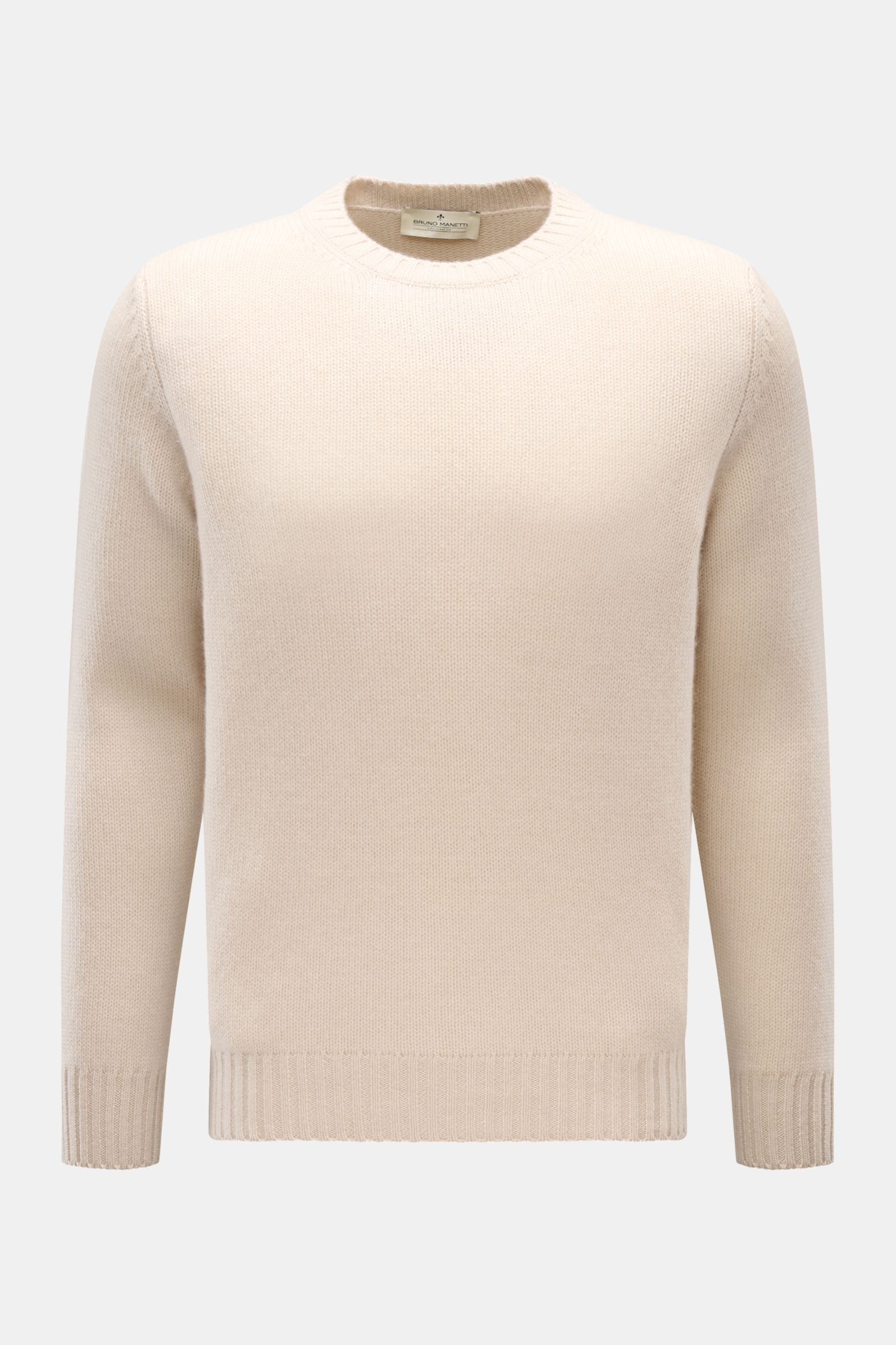 Front view of a beige Bruno Manetti Cashmere Rundhalspullover, made of pure cashmere with very soft feel, medium fine knit, slim fit, round neckline, and comfortable ribbed cuffs.