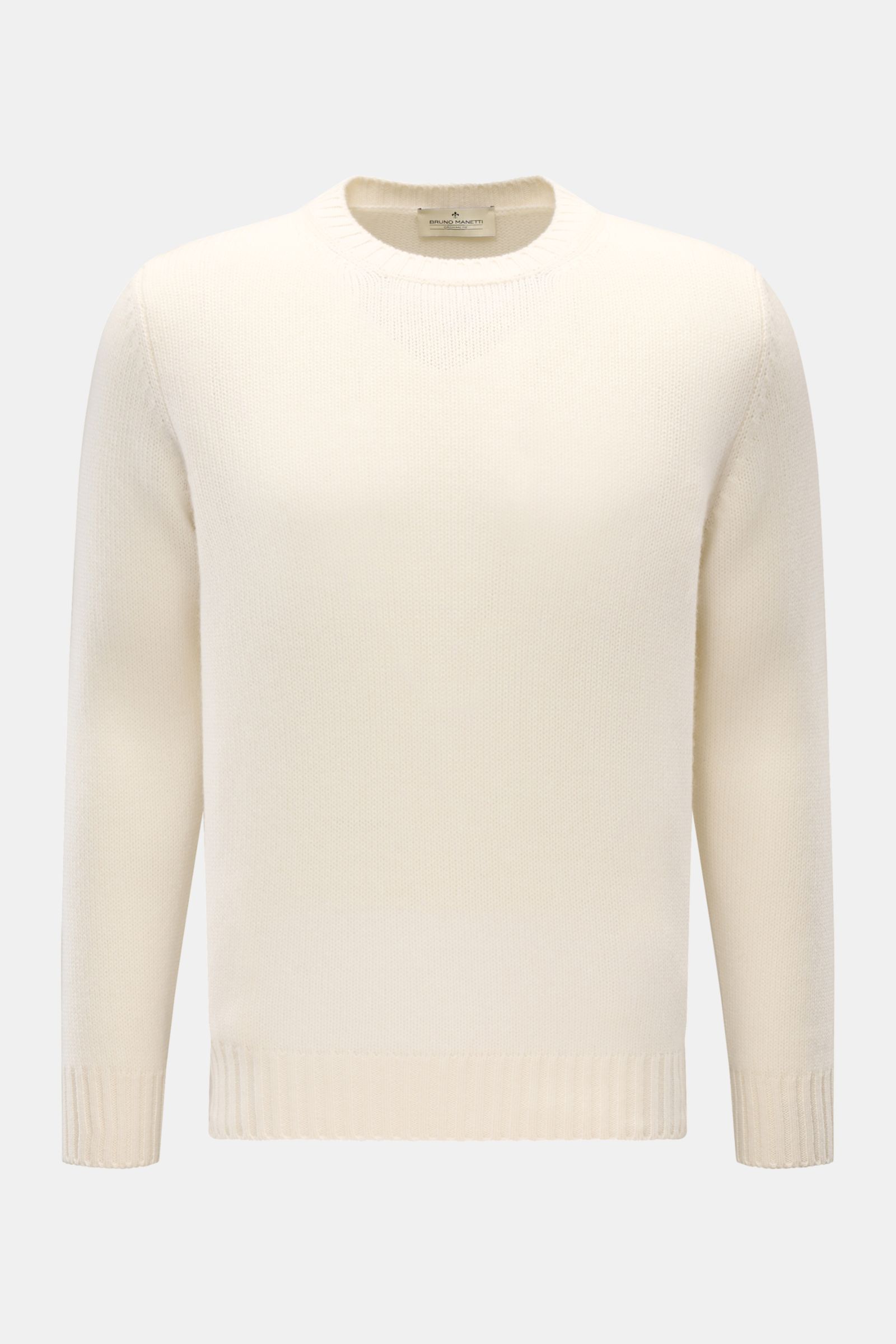 Bruno Manetti Cashmere Rundhalspullover creme, Slim Fit, mittelfeines Strickbild, weicher Griff, Rippbündchen, frontale Produktaufnahme.
