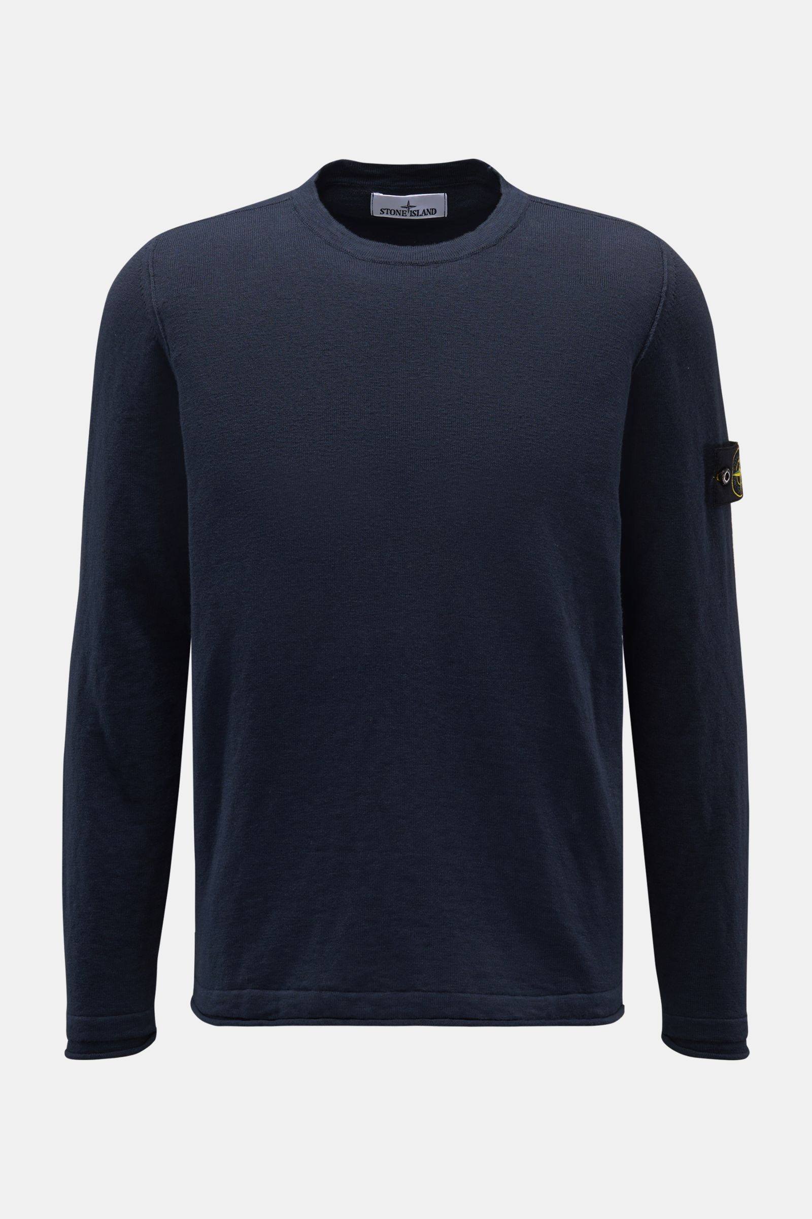 Stone Island Rundhalspullover navy, Slim Fit, feines Strickbild, weicher Griff, Rundhalsausschnitt, rollierte Saumkanten, Kompass-Badge, frontale Ansicht.