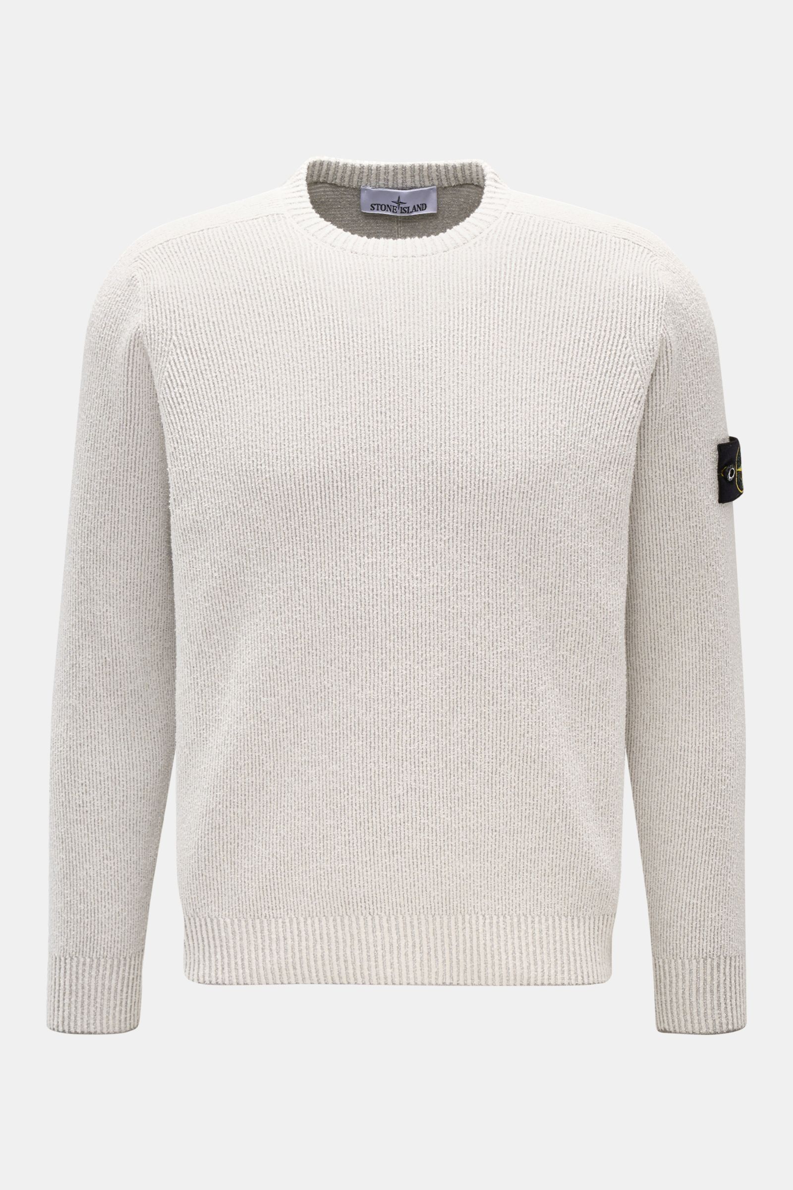 Stone Island Rundhalspullover offwhite, frontale Ansicht, Rippstrick aus Loop-Garn, Slim Fit, Baumwoll-Microfaser-Mix, Kompass-Badge am Oberarm.