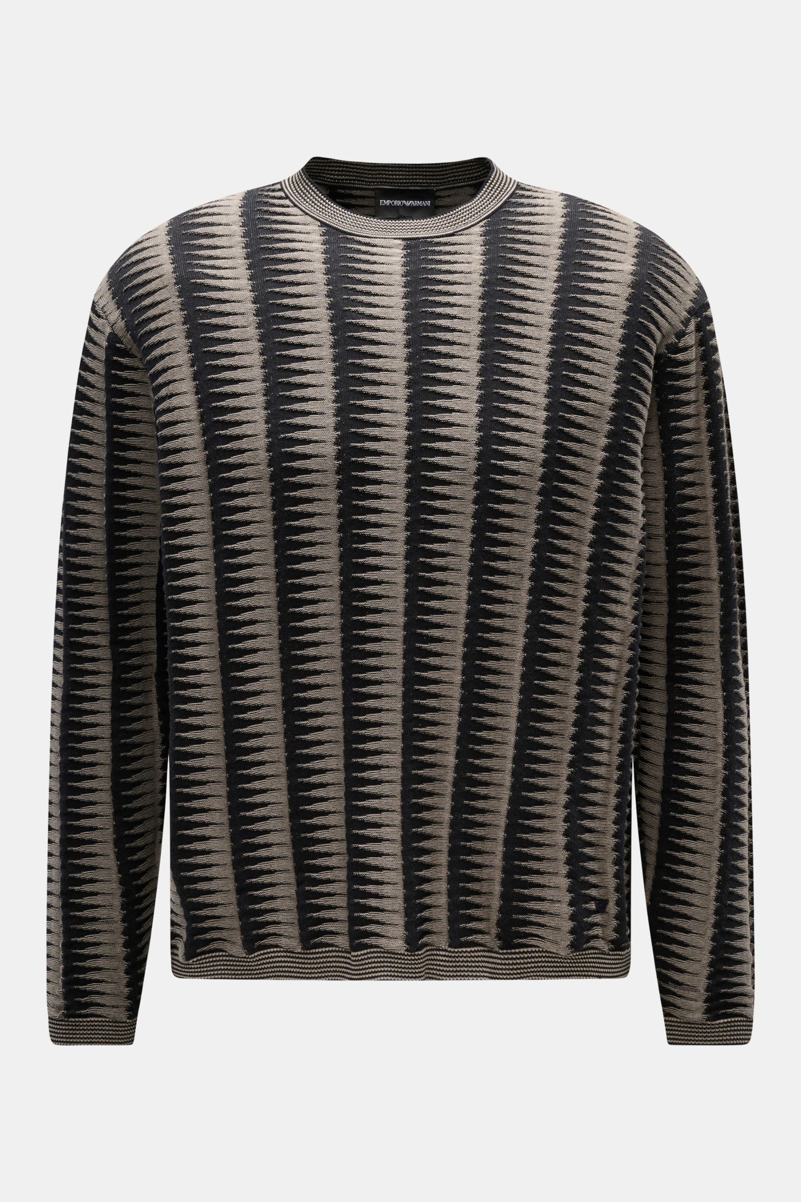 Emporio Armani Rundhalspullover schwarz/grau gemustert, frontale Ansicht, retroesker Strick, Baumwolle, Regular Fit, Rippbündchen, Logo am Saum.