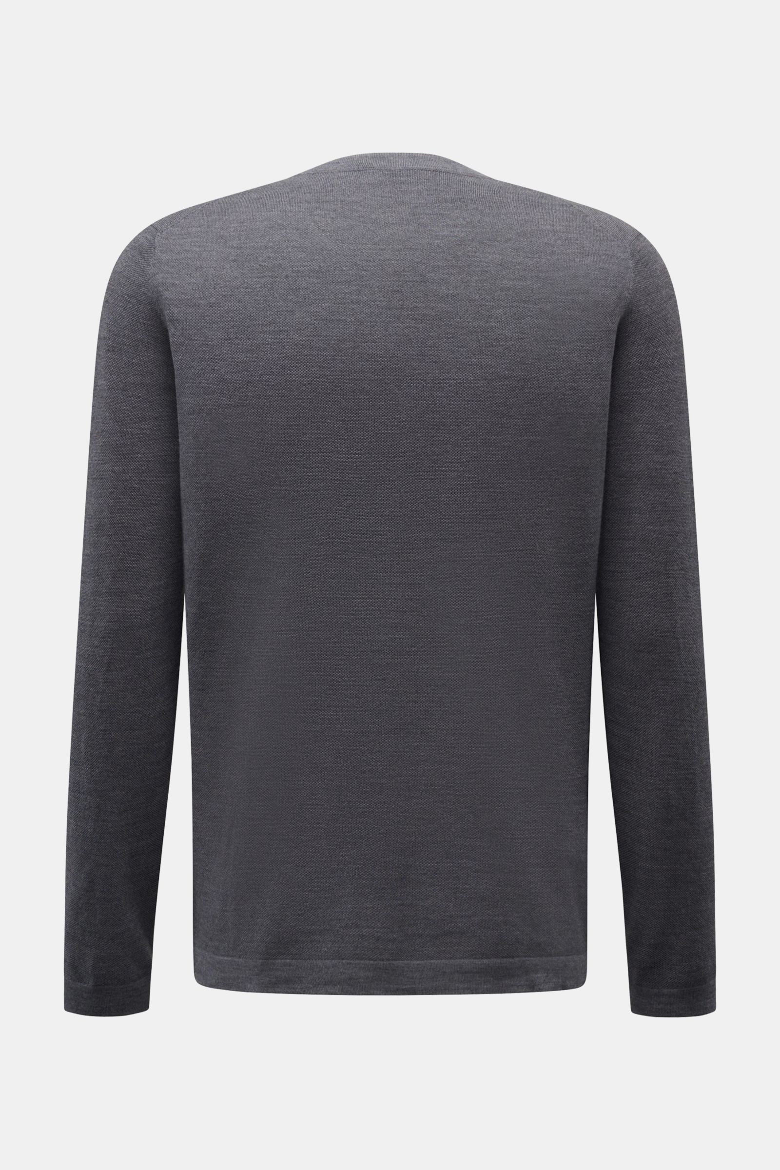 Back view of 04651/ A trip in a bag Feinstrick-Rundhalspullover dunkelblau meliert, a fine knit navy blue melange wool sweater with round neckline and ribbed cuffs.

Zeitloser Klassiker für die Herbst- und Wintersaison: Der Rundhalspullover von 04651/ 