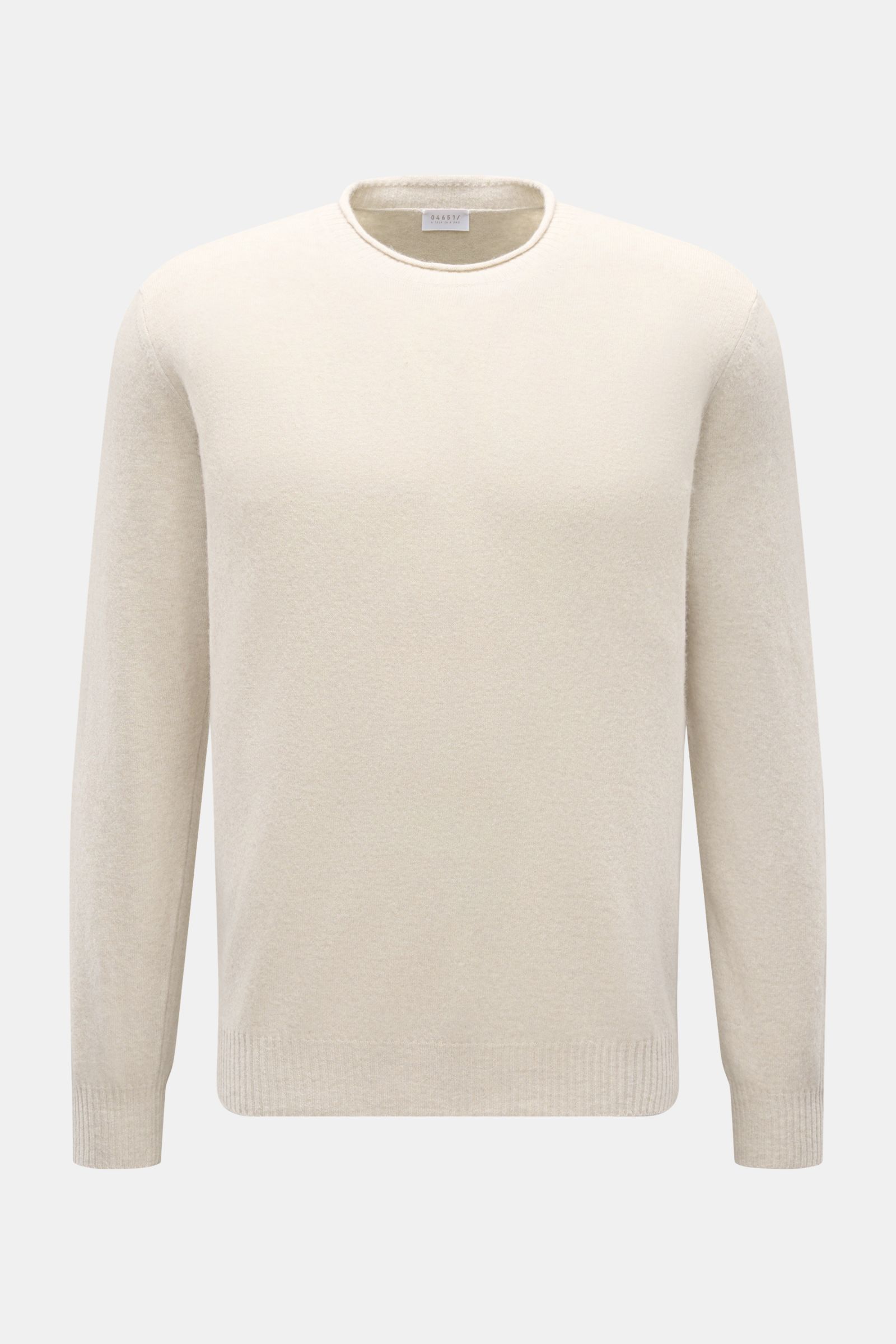 Front-facing view of the 04651/ A trip in a bag Crew neck jumper 'Boiled Crew' sand, a slim fit, fine knit jumper with a soft feel, crew neck, and flexible ribbed bands made from a blend of wool and viscose. Stylish comfort for cold days: This crew neck j