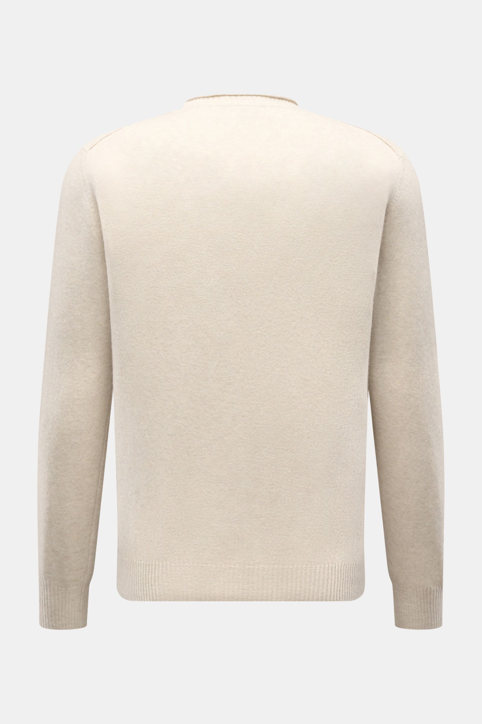 Back view of 04651/ A trip in a bag Crew neck jumper 'Boiled Crew' sand, showing fine knit fabric, slim fit, crew neck, soft wool-viscose blend, and flexible ribbed bands. Stylish comfort for cold days: This crew neck jumper by 04651/ A TRIP IN A BAG is a