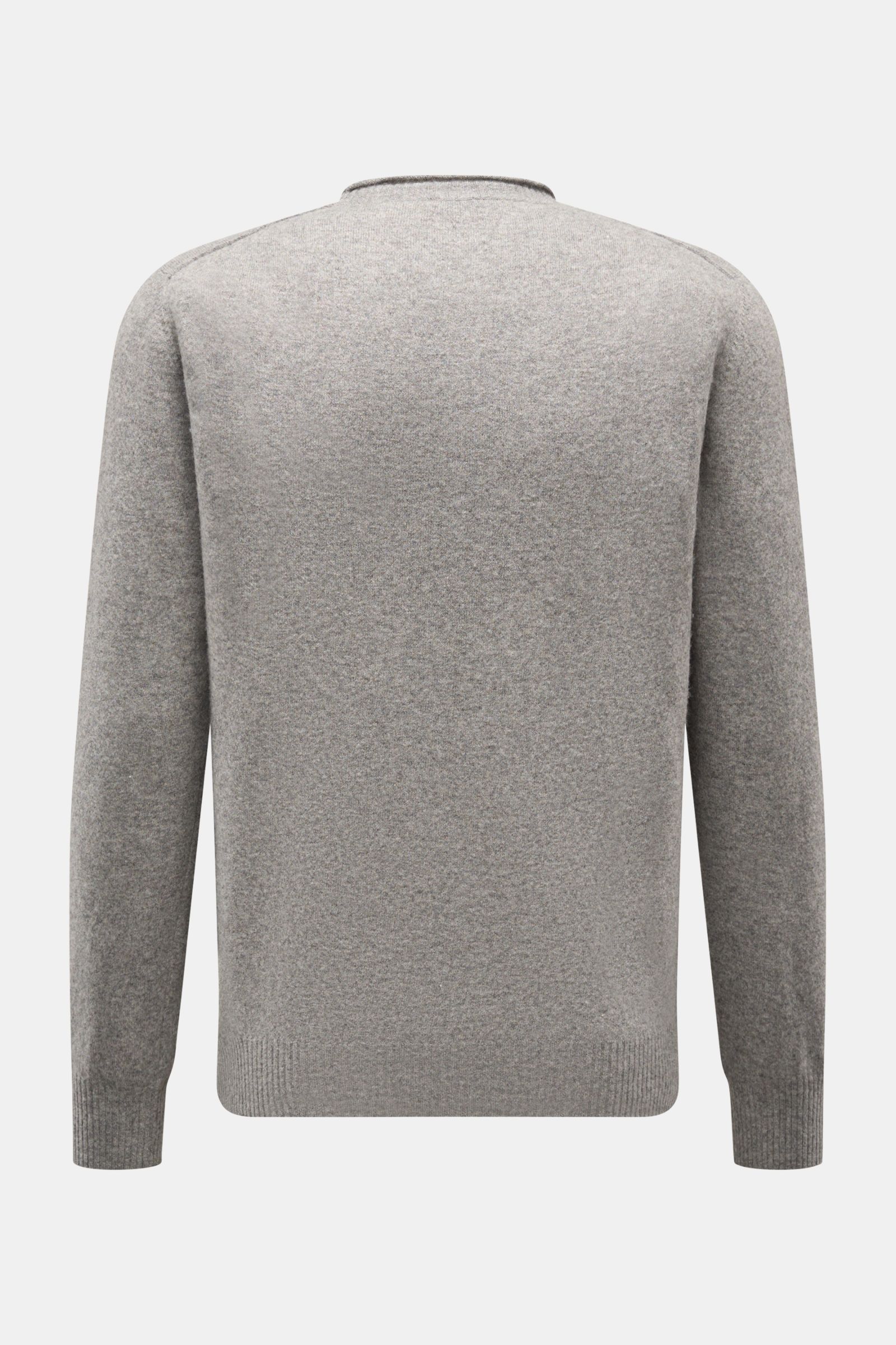 04651/ A trip in a bag Crew neck jumper 'Boiled Crew' grey mottled shown from the back, slim fit with fine knit, soft wool-viscose blend, crew neck, and flexible ribbed bands. Stylish comfort for cold days: This crew neck jumper by 04651/ A TRIP IN A BAG 
