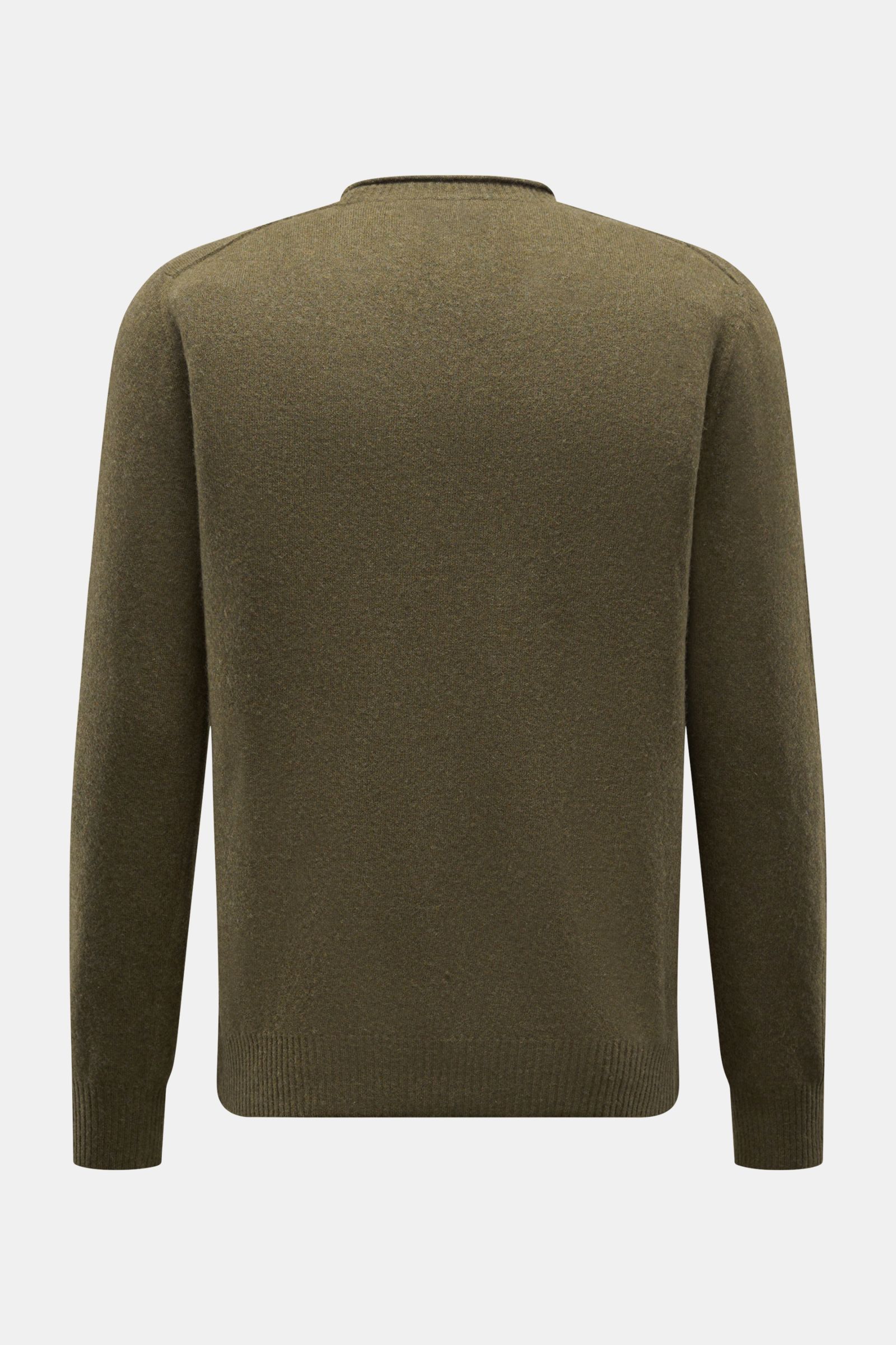 Back view of 04651/ A trip in a bag Crew neck jumper 'Boiled Crew' olive, slim fit with fine knit, soft wool-viscose blend, crew neck, and flexible ribbed bands for stylish comfort on cold days.