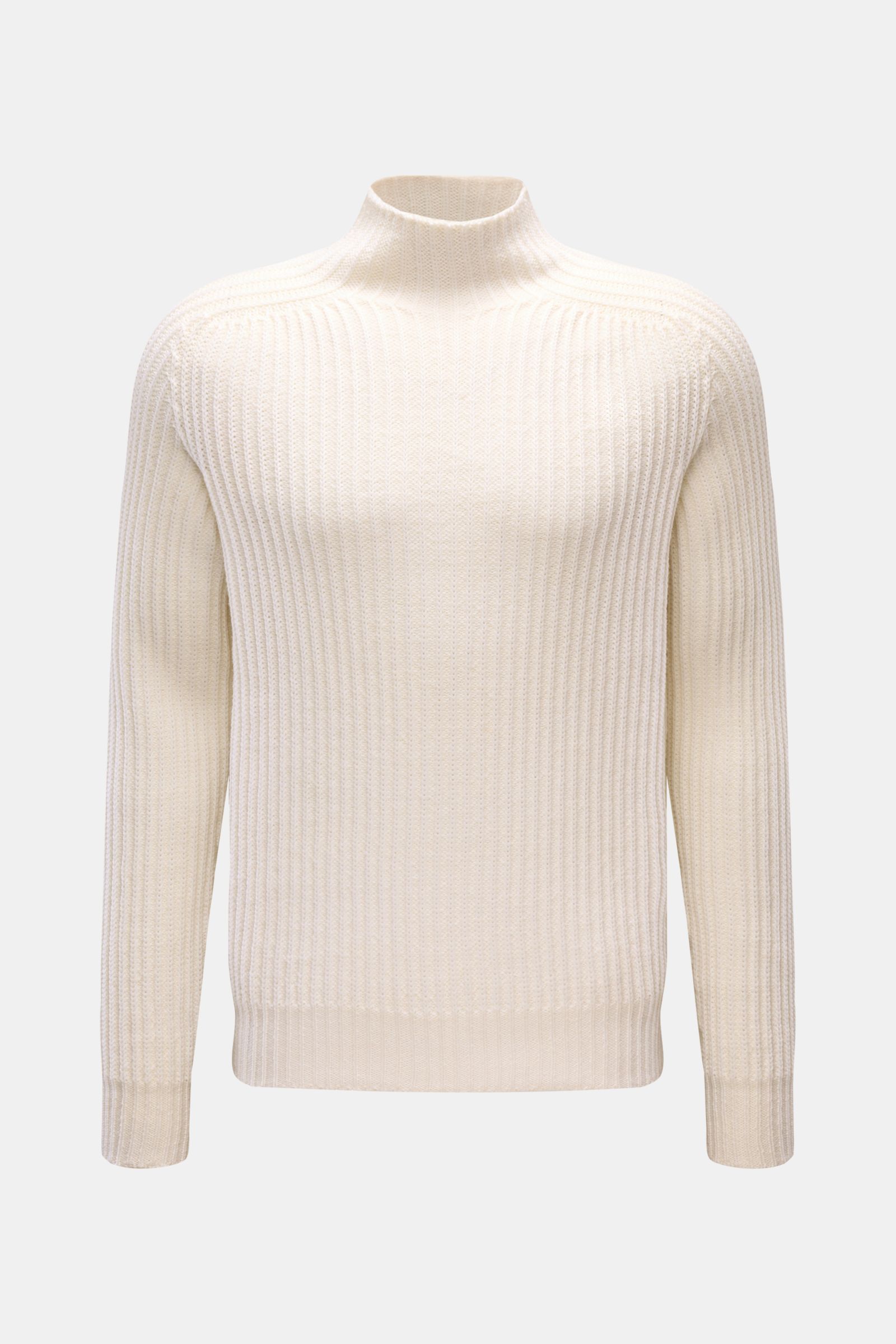 Front view of 04651/ A trip in a bag Mock Neck Pullover 'Foggy Mock' offwhite, a slim fit, garment dyed pure wool sweater with a soft touch, medium-fine knit, coarse rib pattern, stand-up collar, and comfortable ribbed cuffs. 

Description: 
Hochwertig