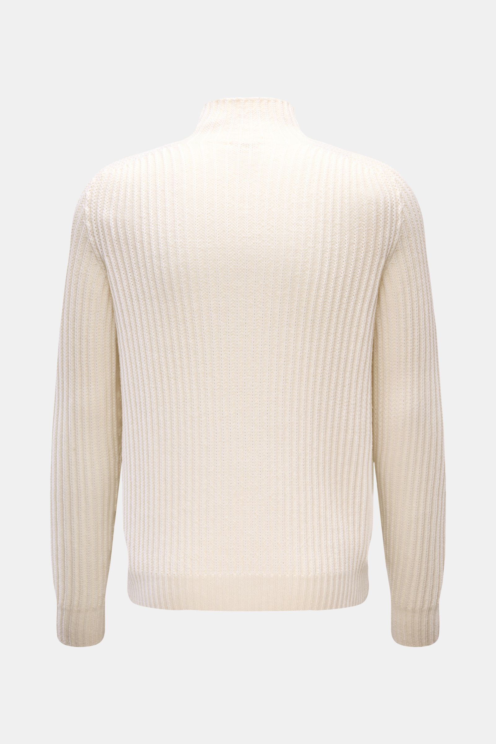 Rear view of the 04651/ A trip in a bag Mock Neck Pullover 'Foggy Mock' offwhite, showing a slim fit with a high ribbed mock neck, soft pure wool knit, medium-fine stitch, coarse rib pattern, garment dyed, and comfortable ribbed cuffs. Hochwertiger Tragek