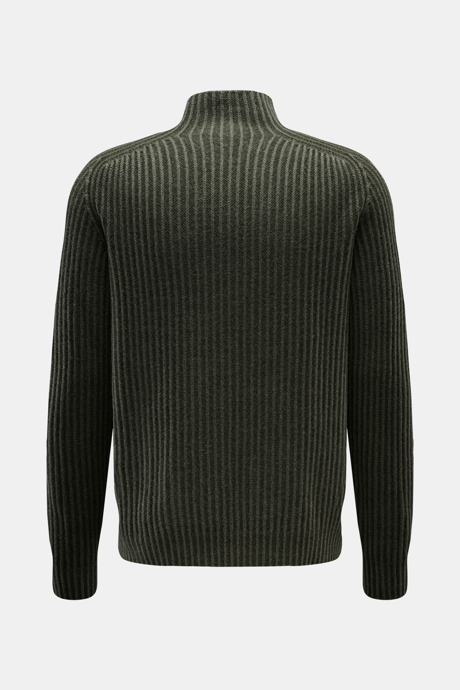 Back view of the 04651/ A trip in a bag Mock Neck Pullover 'Foggy Mock' dunkelgrün in dark green with ribbed knit pattern and stand-up collar, showcasing garment dyed pure wool, soft touch, medium-fine knit, coarse rib knit, slim fit, and comfortable rib 