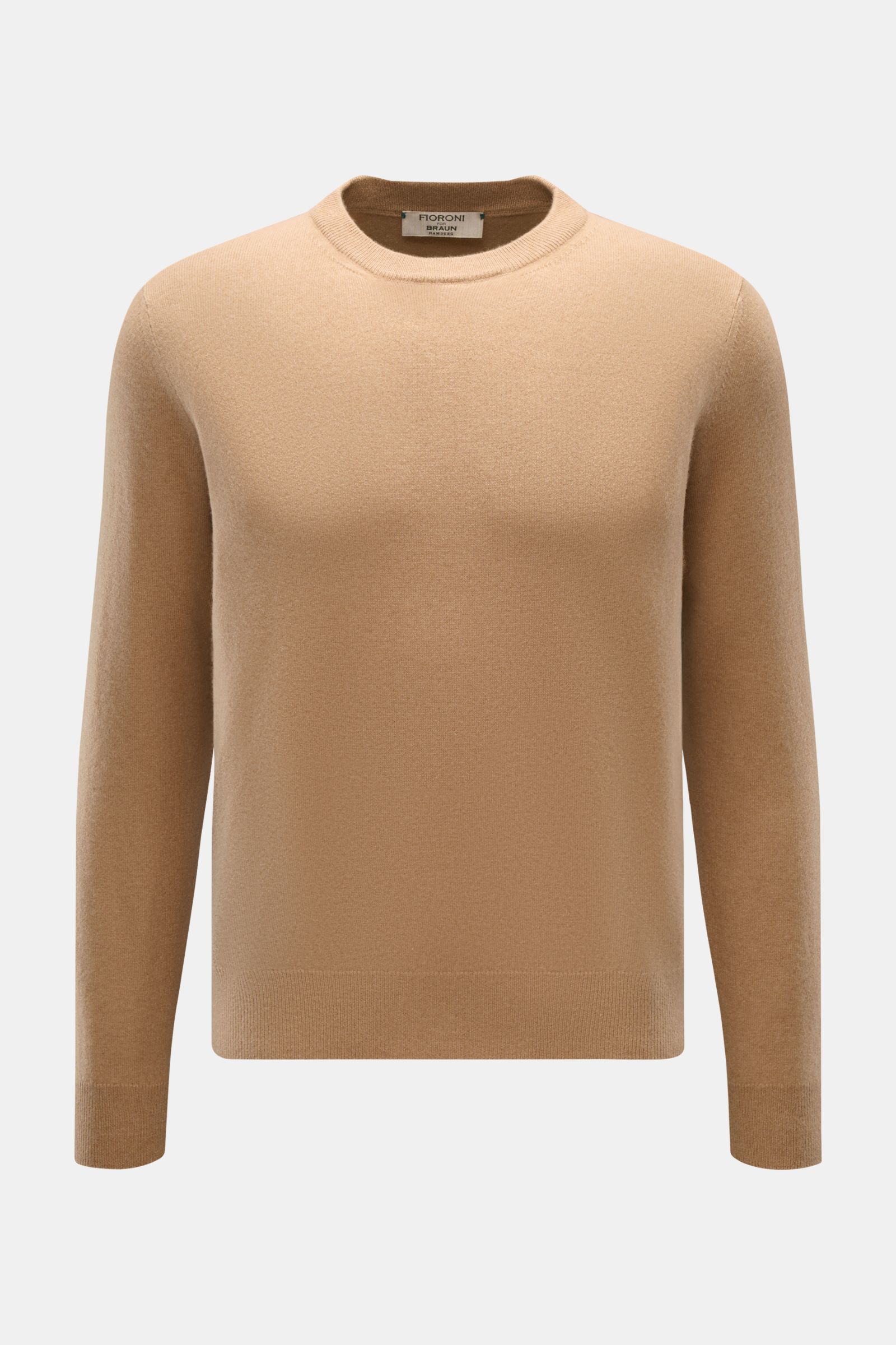 Fioroni Cashmere Rundhalspullover camel, frontal fotografiert, Slim Fit, reiner Baby-Cashmere, weich, feines Strickbild, flexible Rippbündchen.