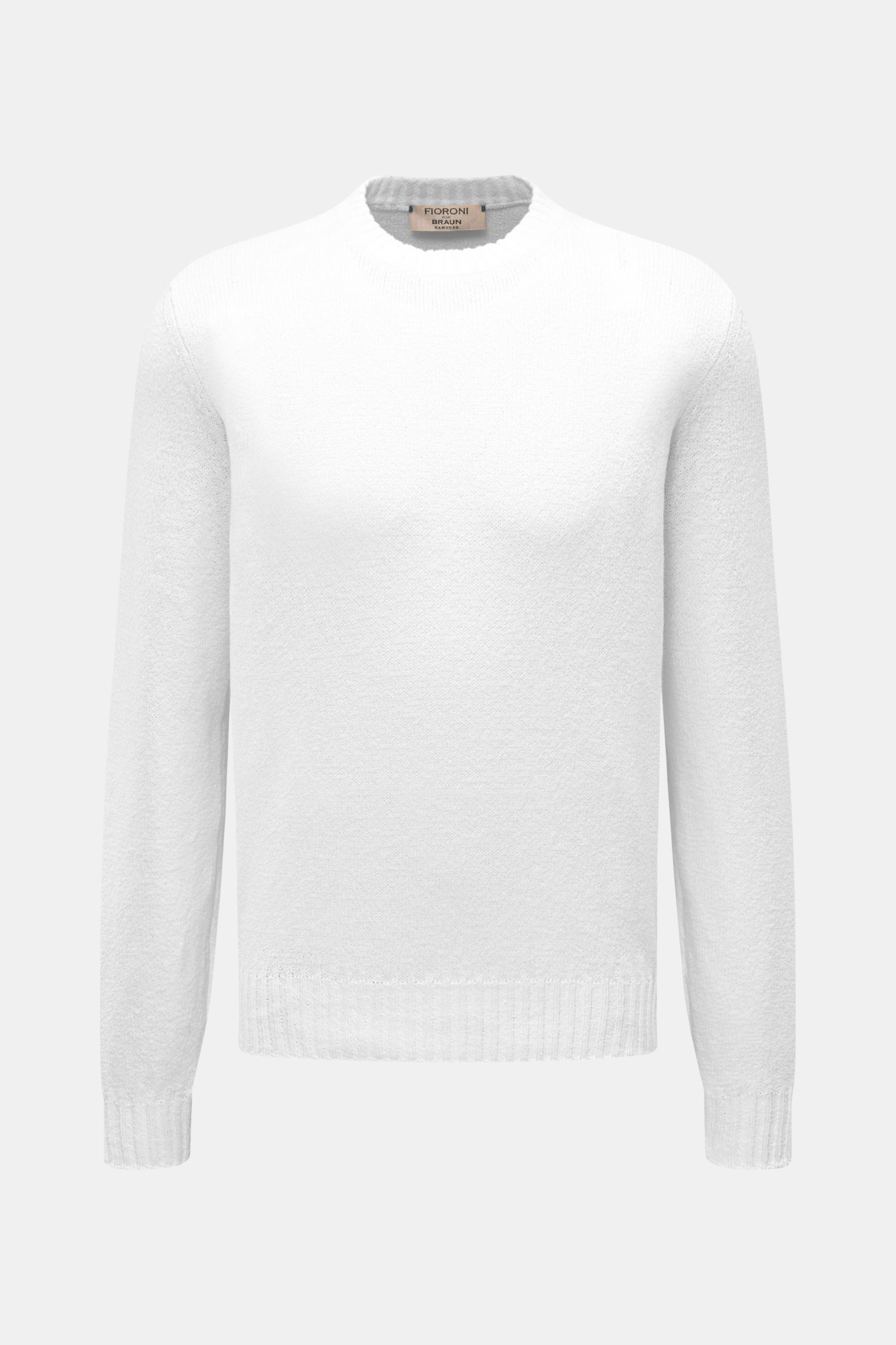 Fioroni Rundhalspullover weiß, Slim Fit, aus reiner Baumwolle, mittelfeines Strickbild, weicher Griff, flexible Rippbündchen, frontale Perspektive.