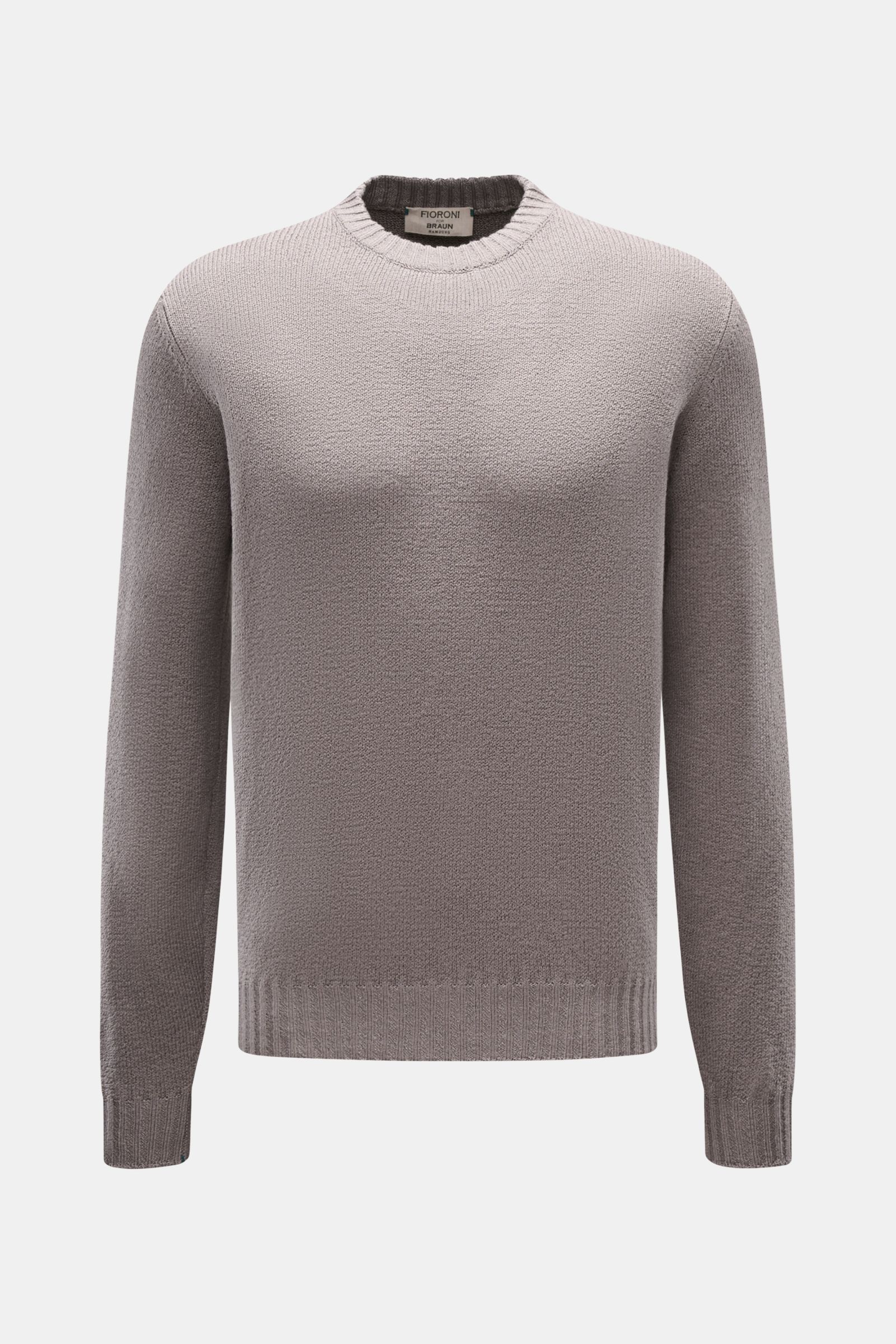 Fioroni Rundhalspullover grau, Slim Fit, mittelfeines Strickbild, reine Baumwolle, weicher Griff, Rundhalsausschnitt, flexible Rippbündchen, frontal fotografiert.
