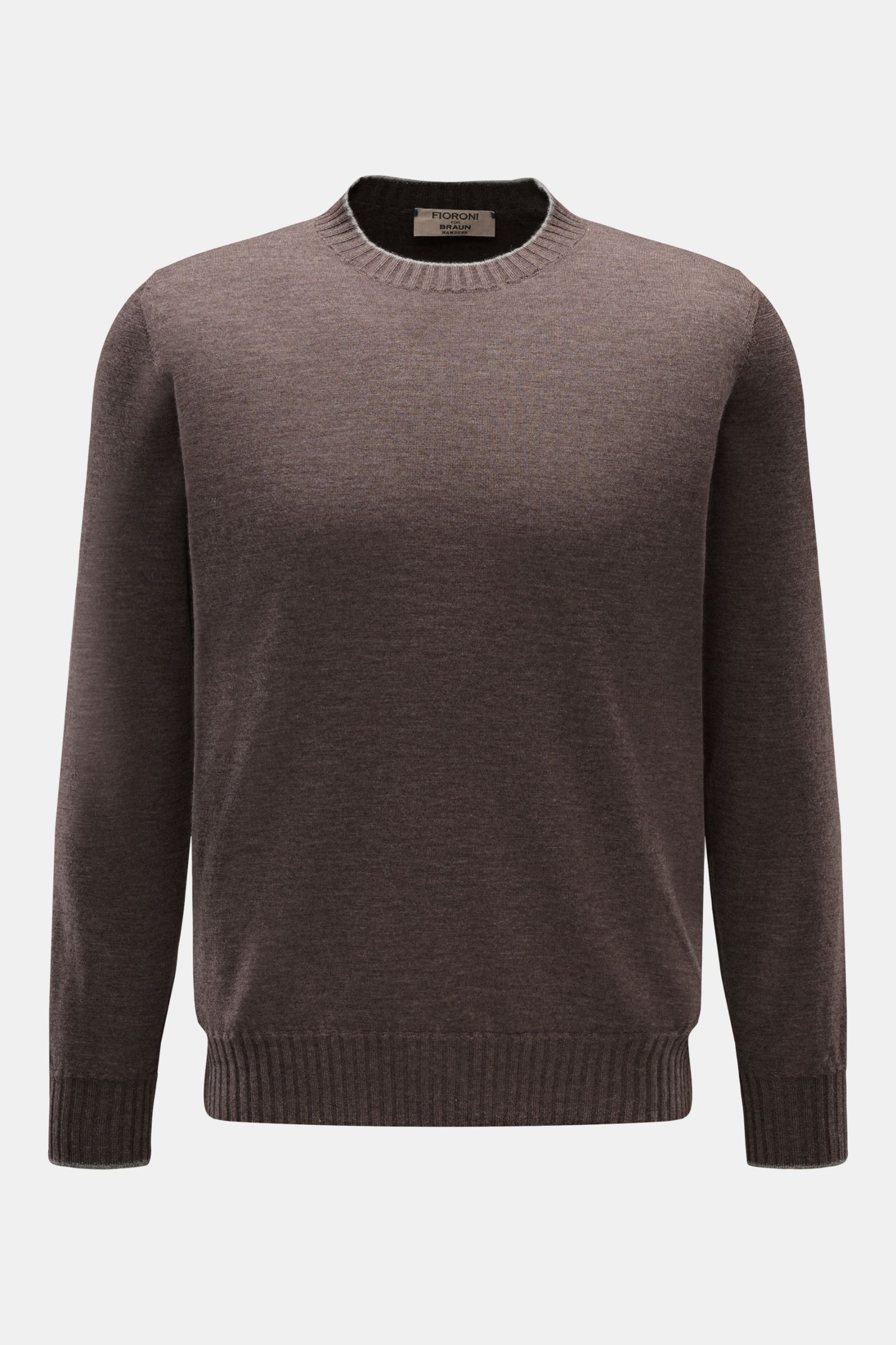 Fioroni Cashmere Rundhalspullover dunkelbraun meliert, Slim Fit, feines Strickbild, weiche Haptik, flexible Rippbündchen, frontal fotografiert.