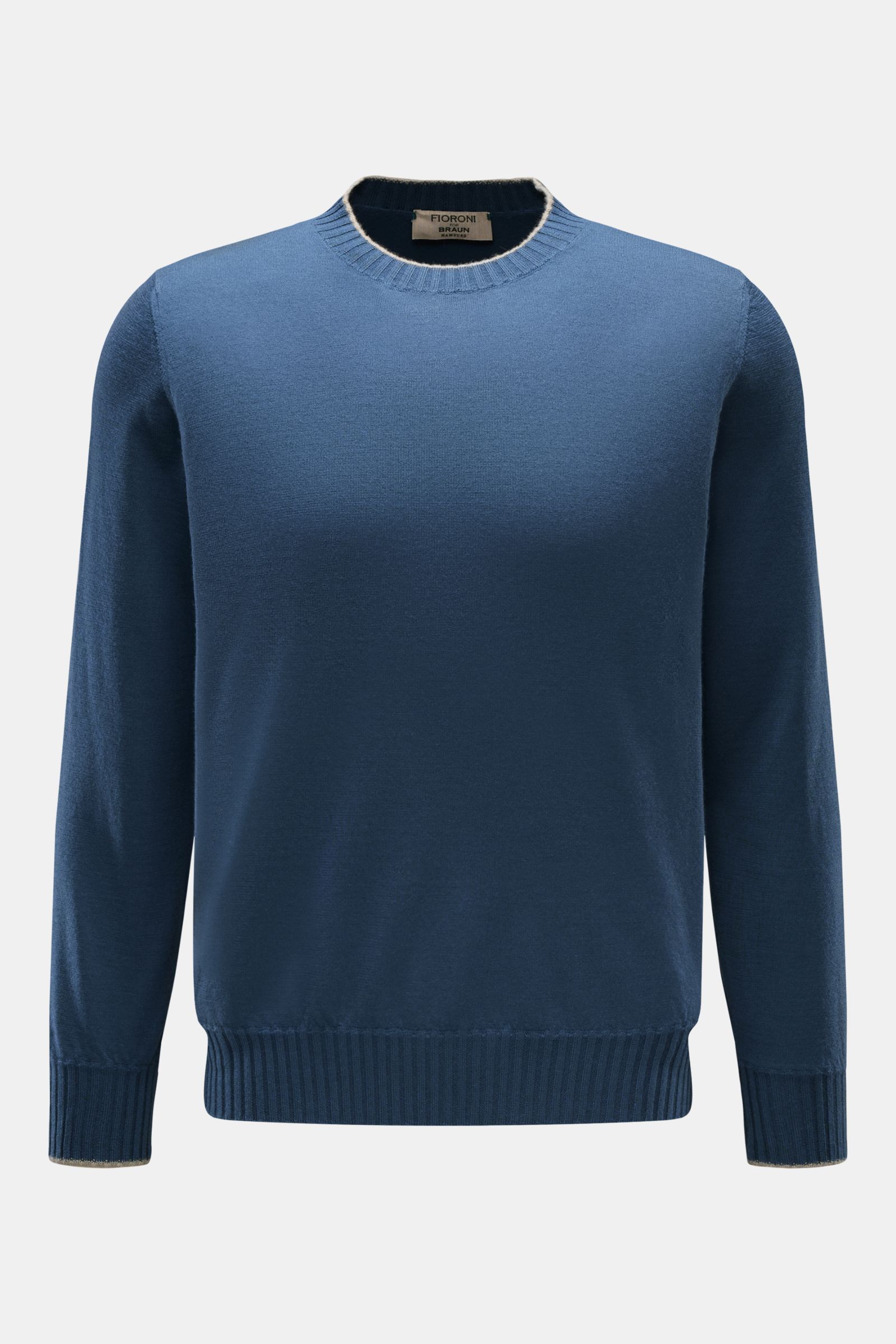 Fioroni Cashmere Rundhalspullover graublau, Slim Fit, reiner Cashmere, feines Strickbild, Rundhalsausschnitt, flexible Rippbündchen, frontale Aufnahme.