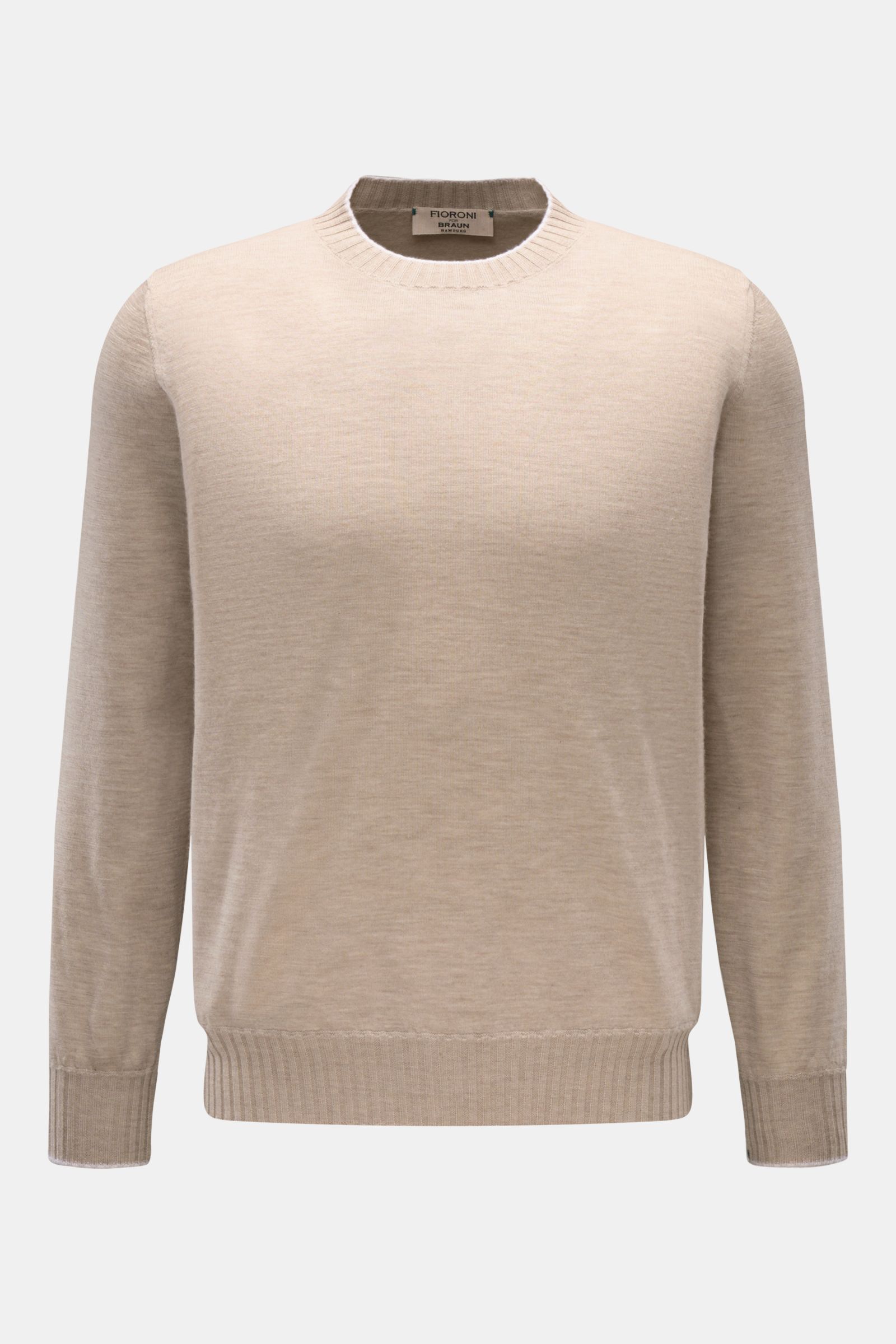 Fioroni Cashmere Rundhalspullover beige meliert, Slim Fit, reiner Cashmere, feines Strickbild, Rundhalsausschnitt, flexible Rippbündchen, Frontansicht.